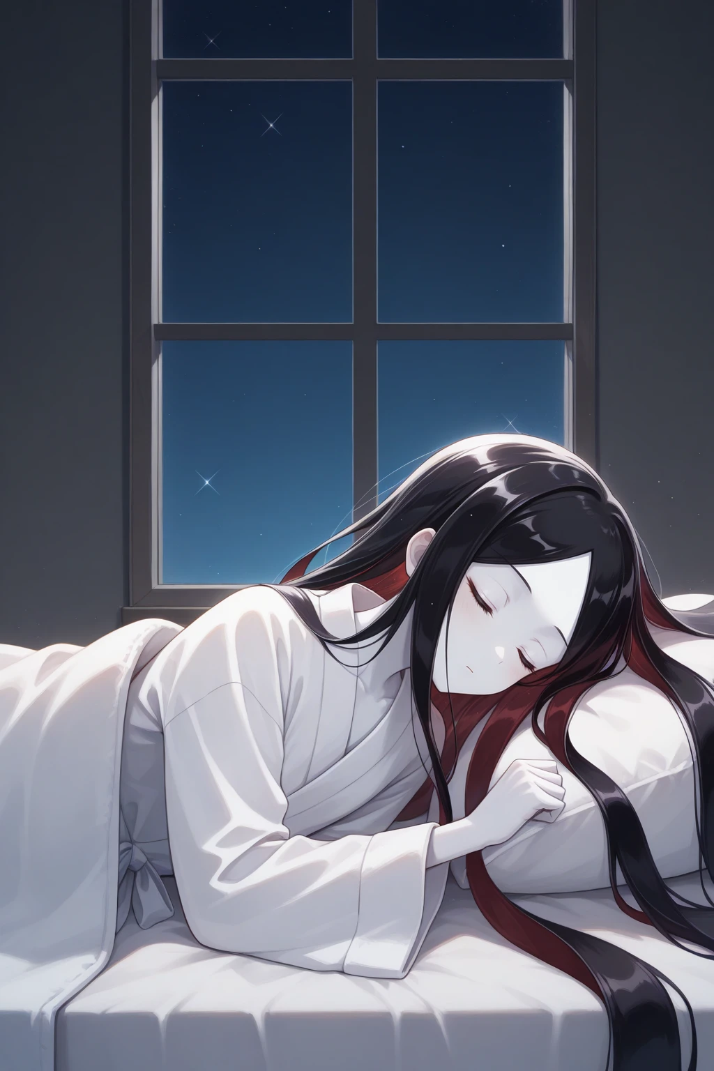 masterpiece, best quality, closed eyes, 1other, hnkbrt, colored skin, white skin, black eyes, crystal hair, black hair, colored inner hair, parted bangs, absurdly long hair, white bathrobe, under covers, sleeping, on side, lying, window, night sky, <lora:Hoseki_LandOfTheLustrous_Bort_IllustriousXL_v1:1>
