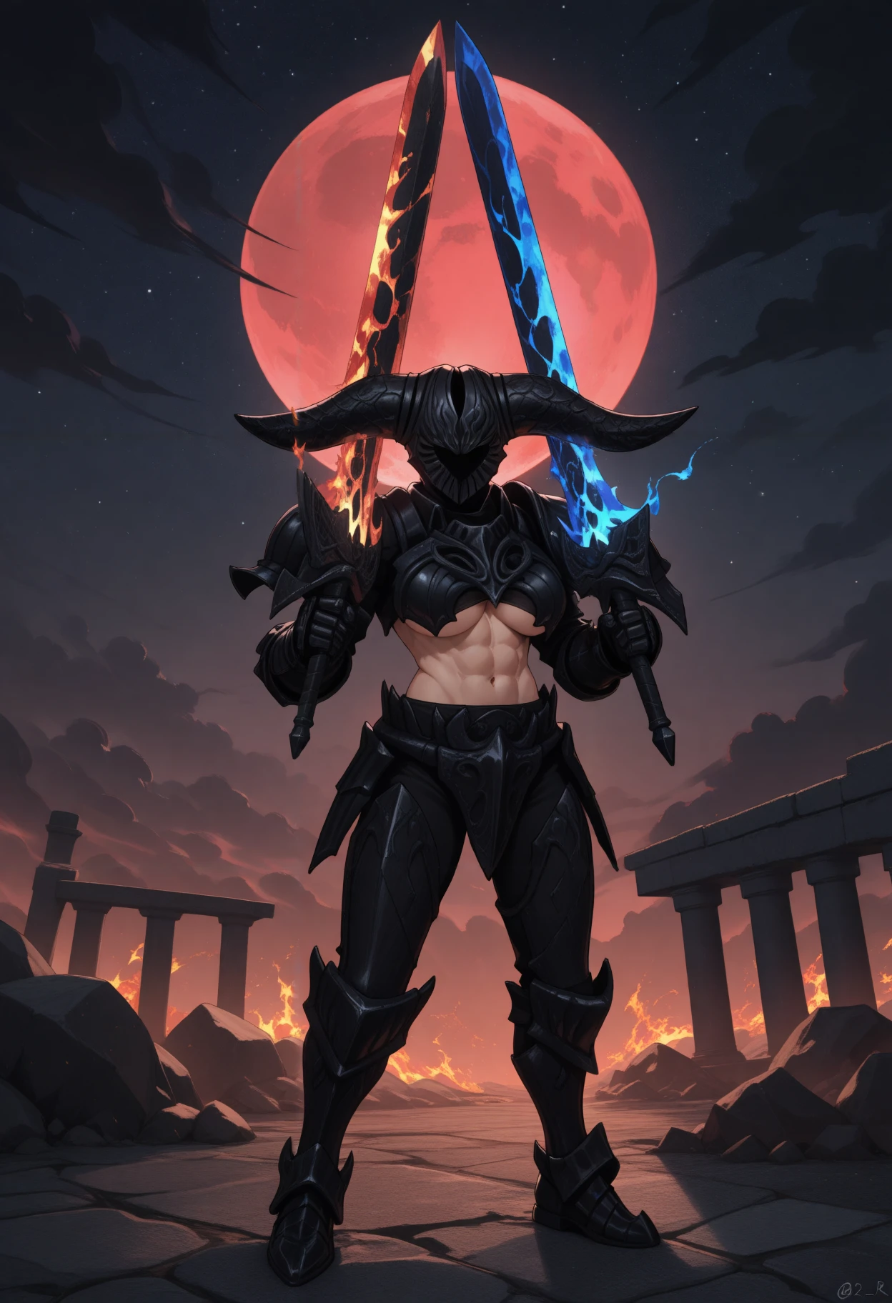 masterpiece, best quality, newest, hdr, dark, night, outdoors, red moon, dark clouds, star \(sky\), starry sky, solo, sda_rm0r, wearing sda_rm0r, full body, black horned helmet, faceless, no mouth, no eyes, black shoulder armor, black breastplate, midriff, underboob, abs, toned, black gauntlets, black faulds, black greaves, huge weapon, holding sword, red flaming sword, blue flaming sword, sword over shoulder, dual wielding, underboob, abs, toned,
<lora:Smelter Demon Armor And Swords:0.7>