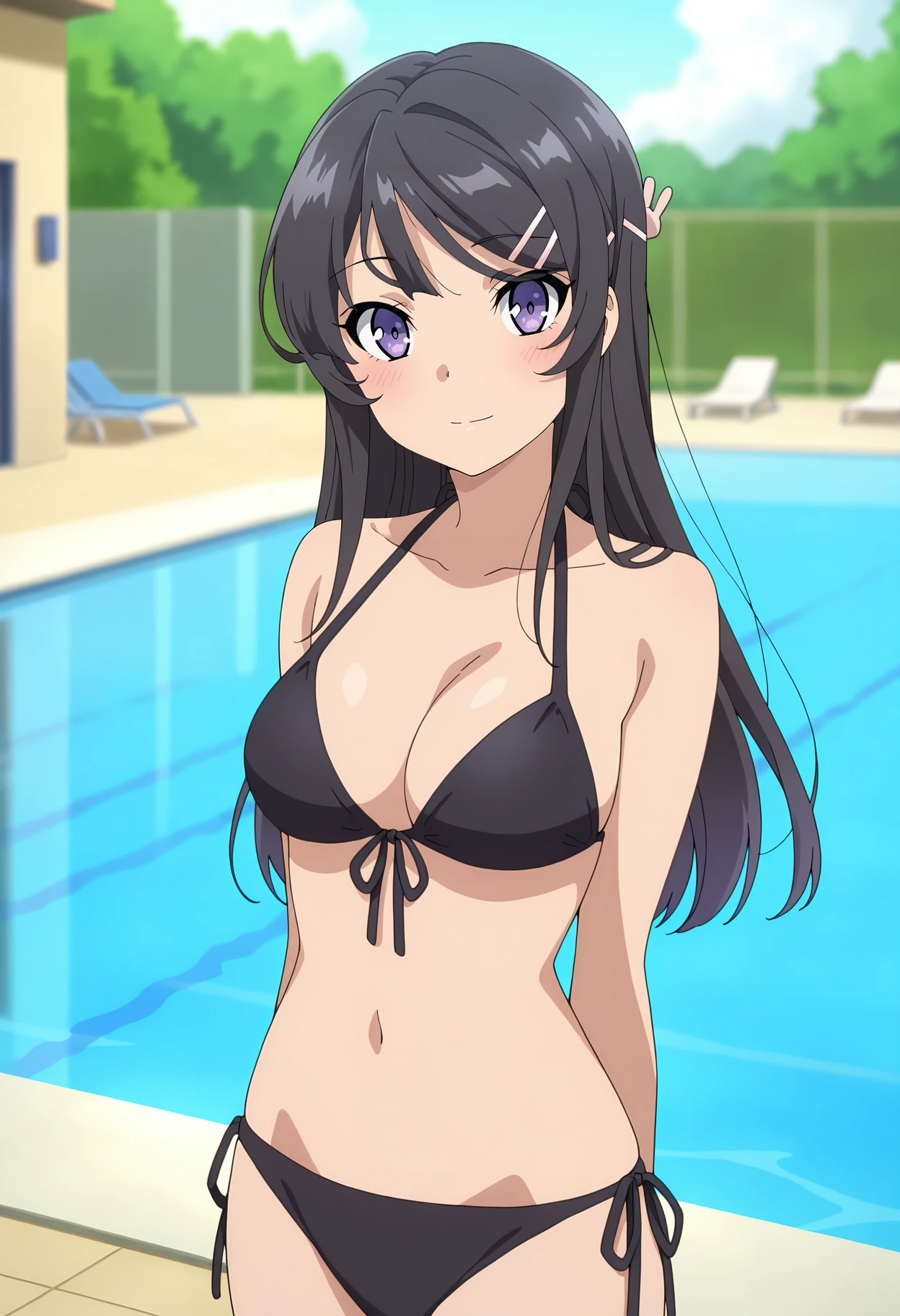 anime screencap, masterpiece, best quality,
<lora:SeishunButaYarou_SakurajimaMai_IlluXL:0.9>,
1girl, solo, closed mouth, light smile, blush,
long hair, black hair, purple eyes, hairclip, rabbit hair ornament,
front-tie bikini top, black bikini, medium breasts, side-tie bikini bottom,
standing, looking at viewer, cowboy shot,
outdoors, pool, blurry background