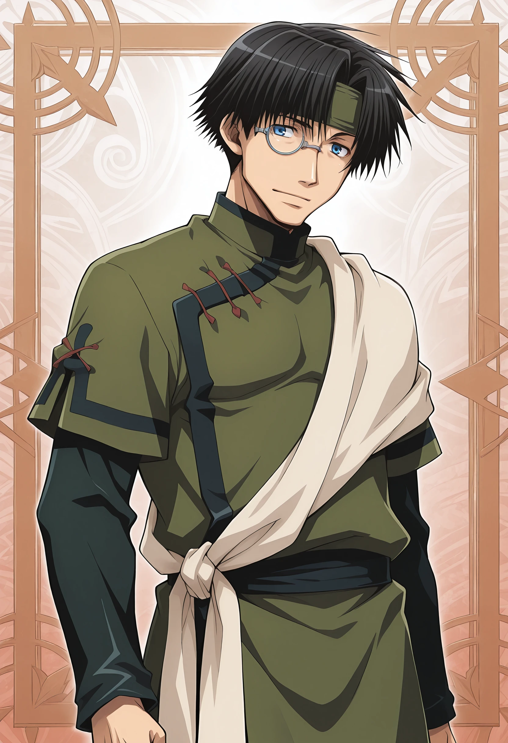 masterpiece, best quality, amazing quality, dynamic angle, dutch angle, abstract background, BREAK
solo, adult male, sai_hakkai, black hair, headband, monocle, blue eyes, green tunic, sash, BREAK
<lora:Cho_Hakkai_-_Saiyuki_-_ILXL:1>