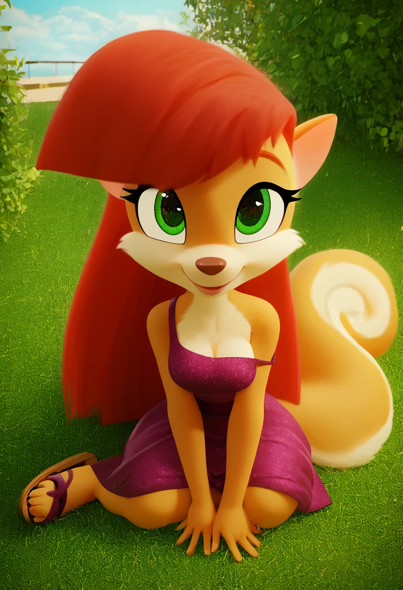 zPDXL, score_9_up, score_8_up,_7_up, score_6_up, score_5_up, score_4_up ,source_furry, best quality, amazing quality, blurry background, masterpiece, 1girl, magic in the air, looking at viewer, solo, cute, cute smile, adorable, outdoors, park, plants, (upper body,close, face focus, sitting:1.2), breast, venus, red hair, squirrel, long hair, green eyes, squirrel tail, orange-white fur, dress, gold hairband, sandals, side slit, <lora:Venus:0.8>, hooves art, <lora:HoovesArt:1>, Expressiveh, good_hands, <lora:Expressive_H:0.8>, <lora:Detail_Slider_v1.4_iteration_3:4>, <lora:pony_good_hands:0.8>