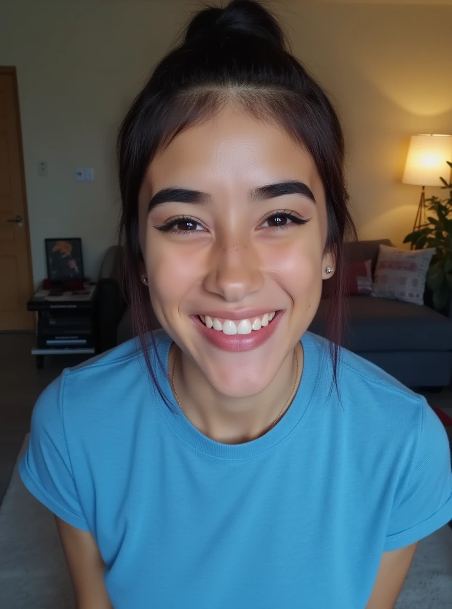 Leaked selfie of a cute sexy 19 year old hispanic girl , on a Discord video call, thick wavy black hair, smirking, long eyelashes, naked
