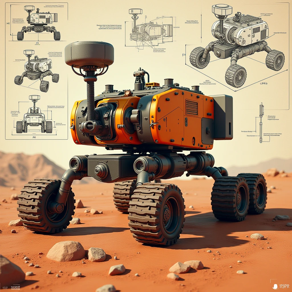 cinematic film still professional 3d model <lora:BlueprintLegacy:0.8>Prompt:"A detailed blueprint-style sketch of an autonomous robotic system designed to build landing and launch platforms on Mars. The robot features large stabilizing arms for leveling terrain, a heat-resistant construction arm for laying reflective and durable platform materials, and modular tools for reinforcing the structure. The 3D-rendered design highlights its orange and gray metallic body, solar panels, and dust-proof mechanisms. The background includes diagrams showing the platform assembly process, with annotations for refueling and spacecraft docking systems." . octane render, highly detailed, volumetric, dramatic lighting . shallow depth of field, vignette, highly detailed, high budget, bokeh, cinemascope, moody, epic, gorgeous, film grain, grainy