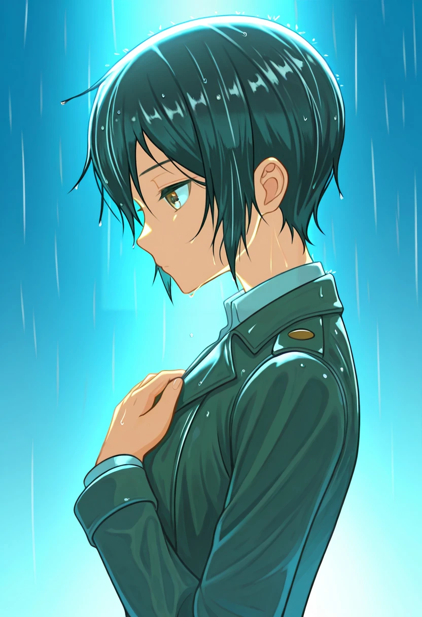 ambient occlusion, raytracing, Masterwork, dramatic lighting, KinoJNT, 1girl, <lora:Dramatic Lighting Slider:1> <lora:Kino_Kino_no_Tabi_Illustrious:1> solo, short hair, androgynous, reverse trap, rain, jacket, upper body, expressionless, wet, long sleeves, wet hair, black hair, hand on own chest, from side, tomboy, profile, jacket