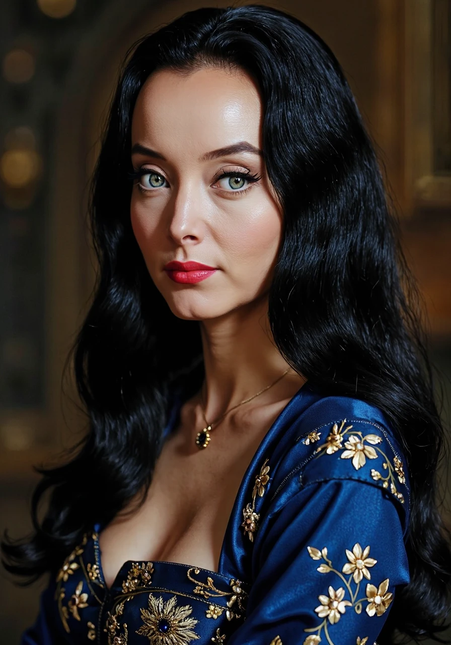 <lora:Flux_Fast_Lora:1> <lora:carolyn-jones-morticia-addams-flux-1d-lora:1> mortadd
Classical oil painting in Impressionism style, close up featuring a cyber girl with silky black hair dressed in a semi opened striking indigo space tight suit, set against a rich medieval backdrop. Facing the camera. The suit, sleek and form-fitting, is adorned with intricate patterns that reflect both futuristic technology and medieval artistry, seamlessly blending the two worlds. Her hair flows elegantly, incorporating elements of both stylesâperhaps adorned with small metallic accents or ethereal highlights., exaggerated anatomy, intricate details in her hair and clothing, warm lighting, surrounded by a softly blurred, dark patina background. Rich golden hues contrast with deep shadows, reminiscent of Baroque masters , Awe inspiring , surreal structured mix media art, stunning visuals, intricate details, Rembrandt scheme lighting, sunlight , global illumination, hdr