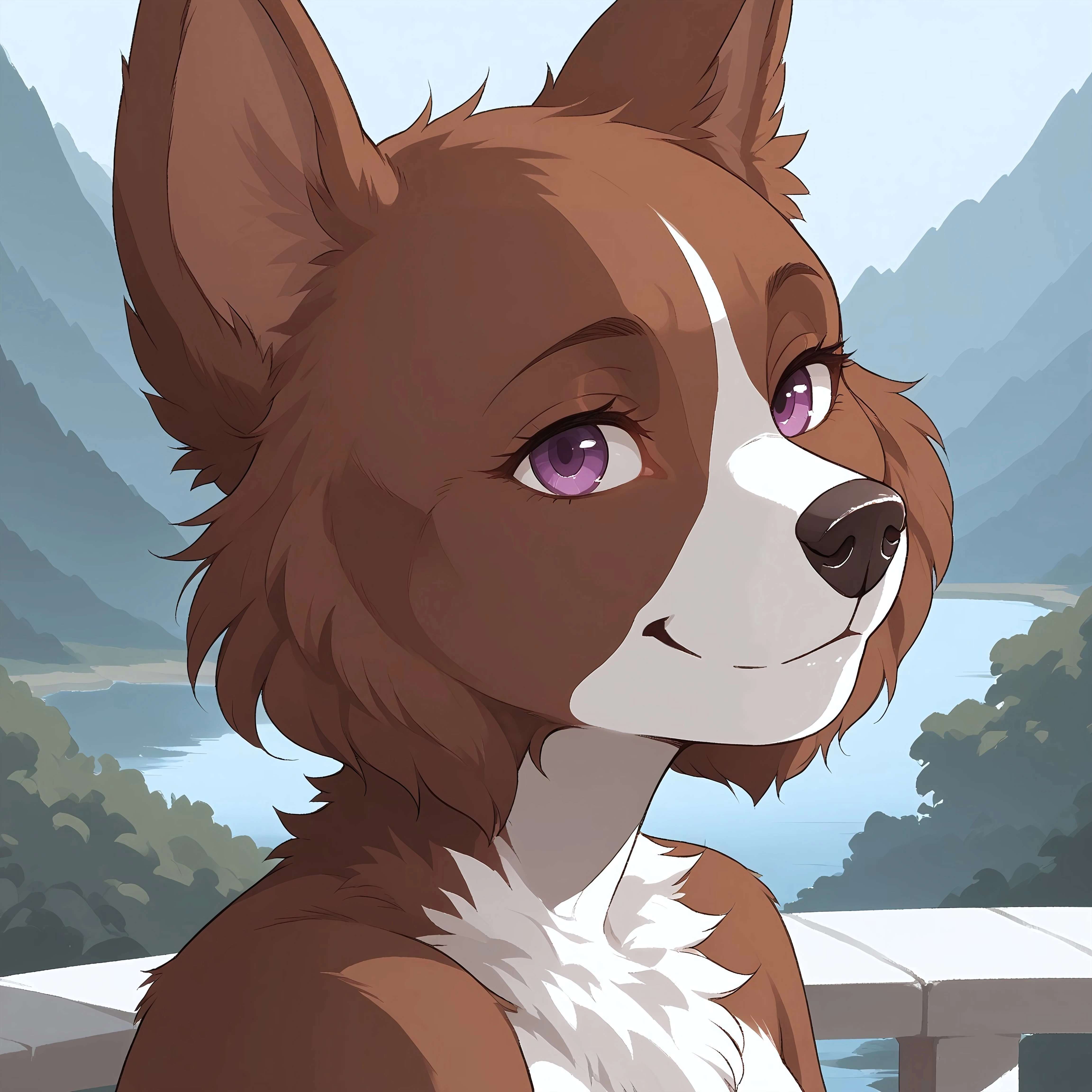 safe_pos, score_9, score_8_up, score_7_up, source_furry, warm atmosphere, warm colors, Claire, anthro, solo, dog, border collie, purple eyes, brown fur and white fur, <brown fur on ears>, black nose, close head shot, on balcony, forest landscape in the background, smiling at viewer, front view, side view.