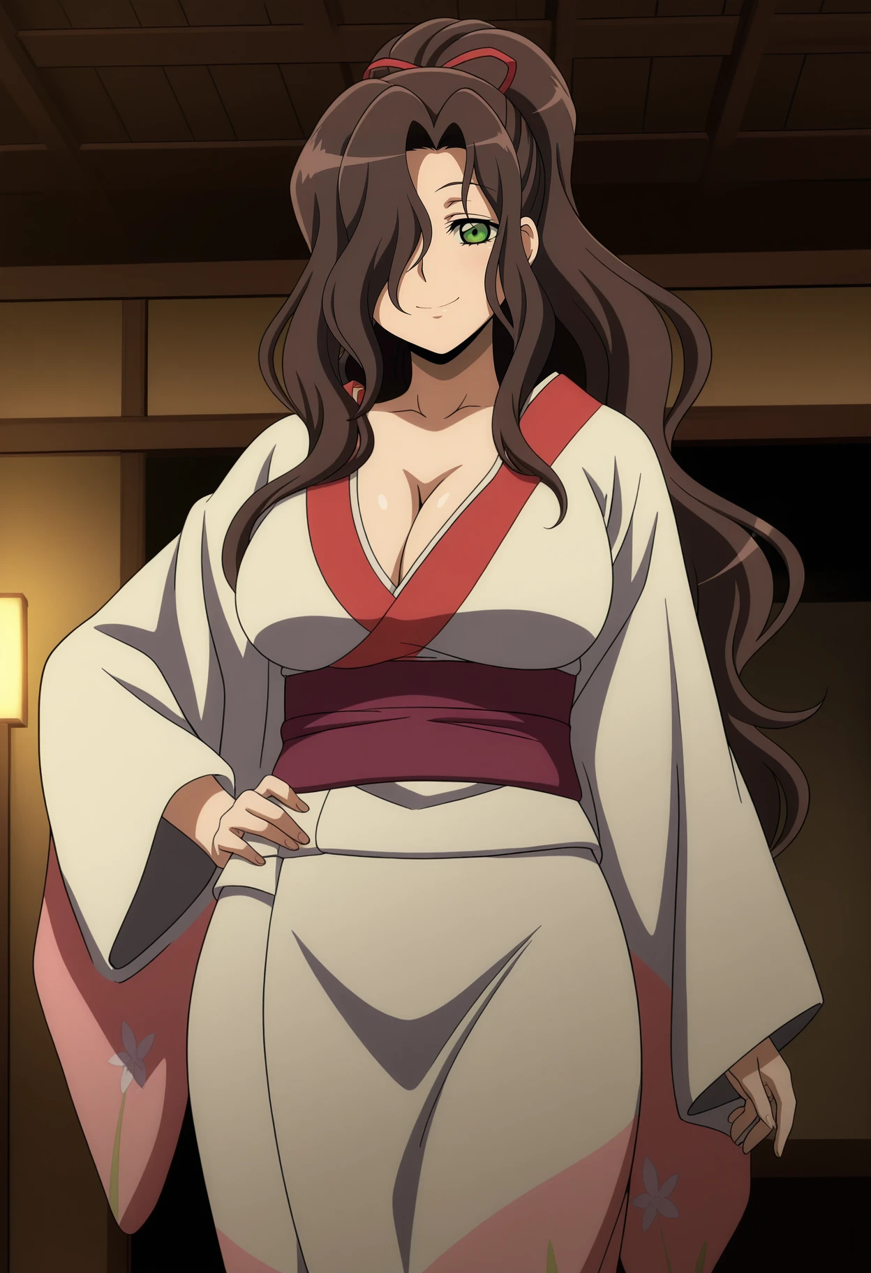 1girl,solo,mm,mature female,long hair,brown hair,ponytail,hair over one eye,green eyes,hair ribbon,large breasts,anime coloring,
japanese clothes,kimono,cleavage,hand on own hip, looking at viewer, smile,indoors,cowboy shot,
,masterpiece,best quality,amazing quality,<lora:Kejourou-Nurarihyon_no_Mago:0.8>