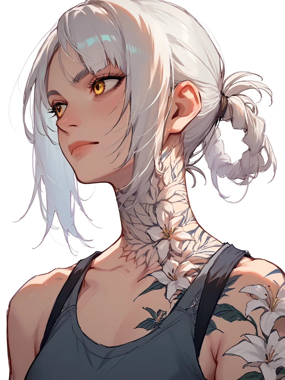 <lora:Concept_NeckTattoo-PONY:0.8> <lora:Nier_KaineOutfit-PONY:0.7> nierkaine, solo, white hair, hair ring, yellow eyes, flower tattoo, exposed shoulders, hair ring, tank top, full neck tattoo, upper body, white background, score_9, score_8_up, score_7_up, score_6_up,