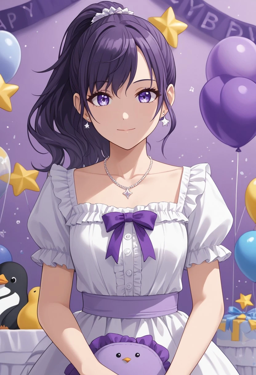(masterpiece), best quality, expressive eyes, perfect face, balloon, jewelry, penguin, short sleeves, blurry, necklace, bird, earrings, high ponytail, ponytail, depth of field, puffy sleeves, upper body, closed mouth, dress, ribbon, holding, white dress, collarbone, puffy short sleeves, happy birthday, star (symbol), purple theme, frills, stuffed penguin, looking at viewer, frilled sleeves, light particles, stuffed toy, mafuyu