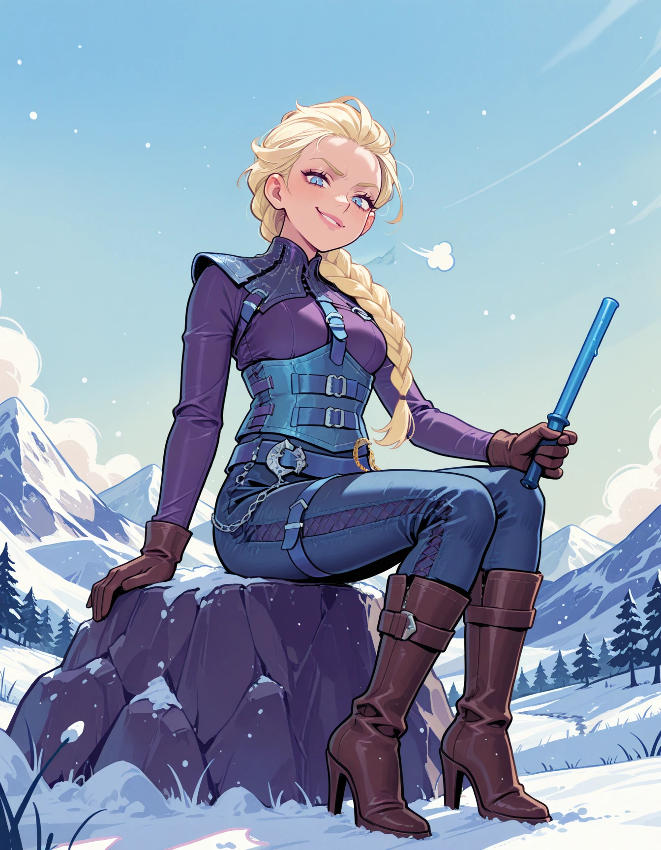 1girl, solo, elsa, blonde,  bun braid, very long thin braid,  mature female, straps, pulled back hair, blue corset, blue pants, angry, sitting, from below,  buckles, silver chest strap, blue belt,  stitching, <lora:mordsith-ILXL2025-01-26_19-02-05-save-390-30-0:0.8> looking at viewer,  gloves, blue shoulder armor, chain, stepping pose, black high heel boots,  smug, blue baton , background snowy field, mountain, sky <lora:Style_ecstatic-Wonderkind-ILXL:1> CW-Illu masterpiece, best quality, very aesthetic, newest