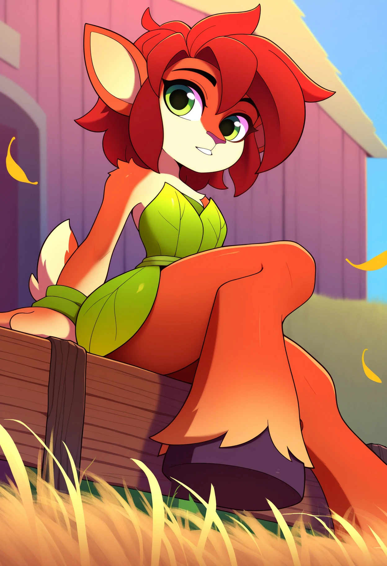 from bellow, sitting on a fence BREAK solo, 1girl, elora, faun \(spyro\), red hair, mammal, anthro, deer, green eyes, leaf dress, hooves