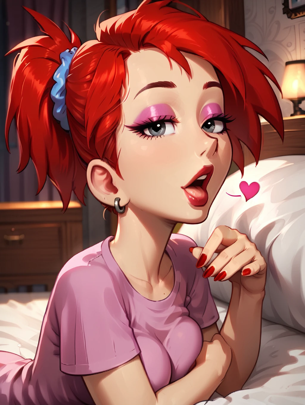 score_7, score_8, score_9, detailed background,ultra high detailed,(toon (style):1.2),high detailed character,inside,bedroom,on bed,facing viewer,seductive,hand extended,red bed,silk bed,wrinkled bed,pillows,lights,looking at viewer,,ultra high detailed,masterpiece, BREAK Solo, 1girl,female,seductive eyes,long eyelashes,half closed eyes, ,pink glitter eyeshadow,makeup,breast press,,short sleeves,red earstuds,square nails,perfect nails,close-up, <lora:rita:1> rita, red hair, narrow waist, 1girl, toon (style), flat color, medium breasts, black eyes, long eyelashes, rita hair, short ponytail, (red lips:0.8),pink shirt, blue scrunchie, open mouth,bedroom eyes, <lora:Expressive_H:0.65> <lora:incase-ilff-v3-4:0.5> <lora:princess_xl_v1:1>, <lora:g4n1m3XLP:1> g4n1m3, <lora:frieren_blowing_a_kiss_pony:0.6> blowing kiss,heart,arm up,
