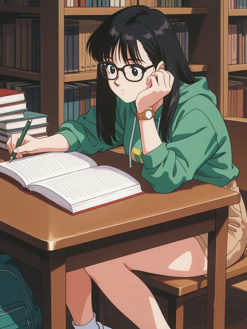masterpiece, best quality, newest, absurdres, highres, detailed eyes, beautiful, detailed background, perfect eyes, anime coloring, 1990s \(style\), 1girl, solo, mihashi haruko, black hair, long hair, bangs, black eyes, black frammed eyewear, medium breasts, green hoodie sweater, hoodie down, brown shorts, ankle socks, sneakers, wristwatch, library, table, sitting, book, holding pencil, looking at book, hand holding head, studying, backpack, <lora:haruko_roujinz_illus-06:0.8>