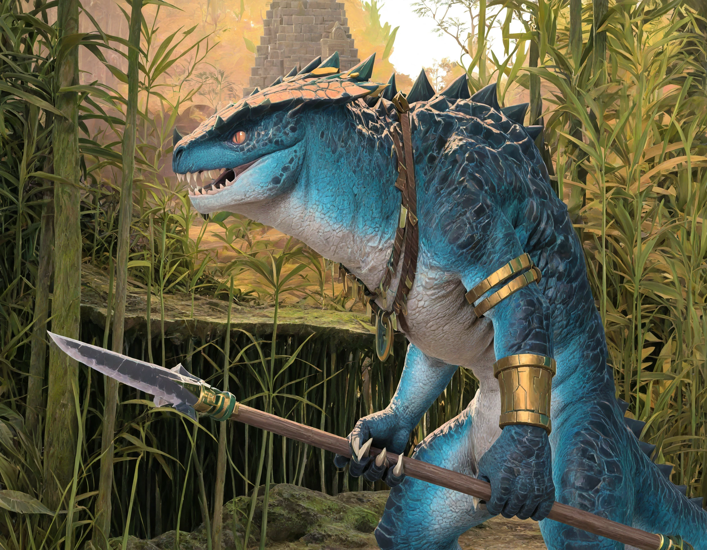 masterpiece, good quality, best quality, 2d, sugimori ken \(style\),
SaurusWarrior, monster, no humans, scales, solo, slit pupils, profile, aztec temple, moss, ancient, jungle,
holding polearm,
<lora:SaurusWarrior_IL:0.85>