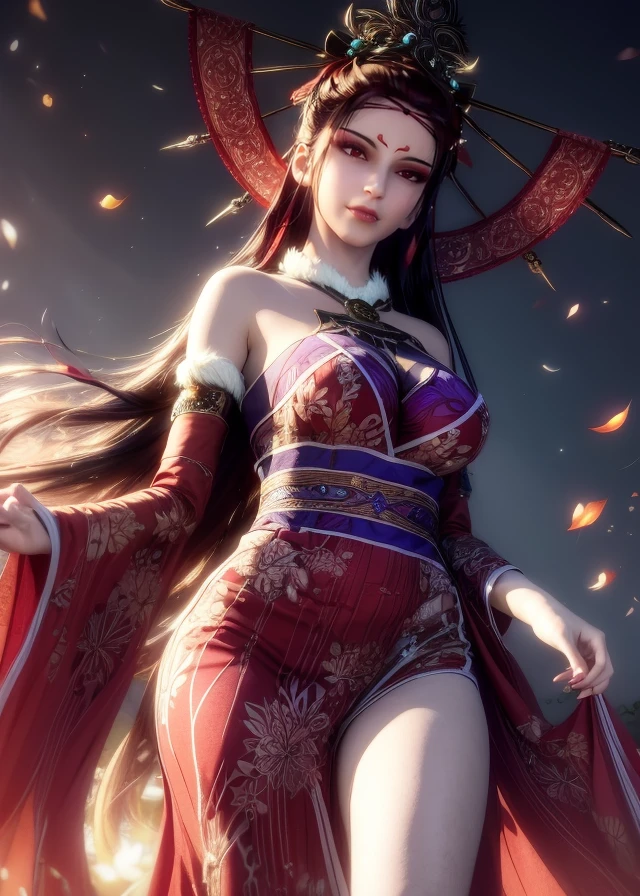 è§è²ï¼<lora:buliangren_nvdi1:0.92>
è§è²éå®ï¼(nvdi:1.6), nvdi, nvdi, The image is a digital illustration of a young woman with long dark hair and a crown on her head. She is wearing a red and gold headpiece with intricate designs and patterns. The headpiece is made up of a large, ornate crown with a red ribbon tied around it. The woman's hair is styled in loose waves and cascades down her back. She has a serious expression on her face and is looking off to the side. The background is dark and blurred, with a hint of orange and yellow flames and sparks flying around her. The overall mood of the image is mystical and regal.
å¨ä½ï¼
å¤´åï¼black_eyes,black hair,
ç¼ç¥è¡¨æï¼ (looking at viewer:1.54),(smile),detailed eyes,
æé¥°ï¼earrings,necklace,(dress:1.8),
èº«æ: (beautiful_face:1.5),narrow waist, long legs,(thighs:1.55),(large breasts:1.65),
ç«è³ª: official art,extremely detailed CG unity 8k wallpaper, perfect lighting,Colorful, Bright_Front_face_Lighting, (masterpiece:1.0),(best_quality:1.0), ultra high res,4K,ultra-detailed, photography, 8K, HDR, highres, absurdres:1.2, Kodak portra 400, film grain, blurry background, bokeh:1.2, lens flare, (vibrant_color:1.2),
<lora:NM_æé¨æ¹åå¨_1.0:0.35> <lora:more_details:0.5> <lora:epi_noiseoffset2:1> <lora:QYpifuV1:0.9>