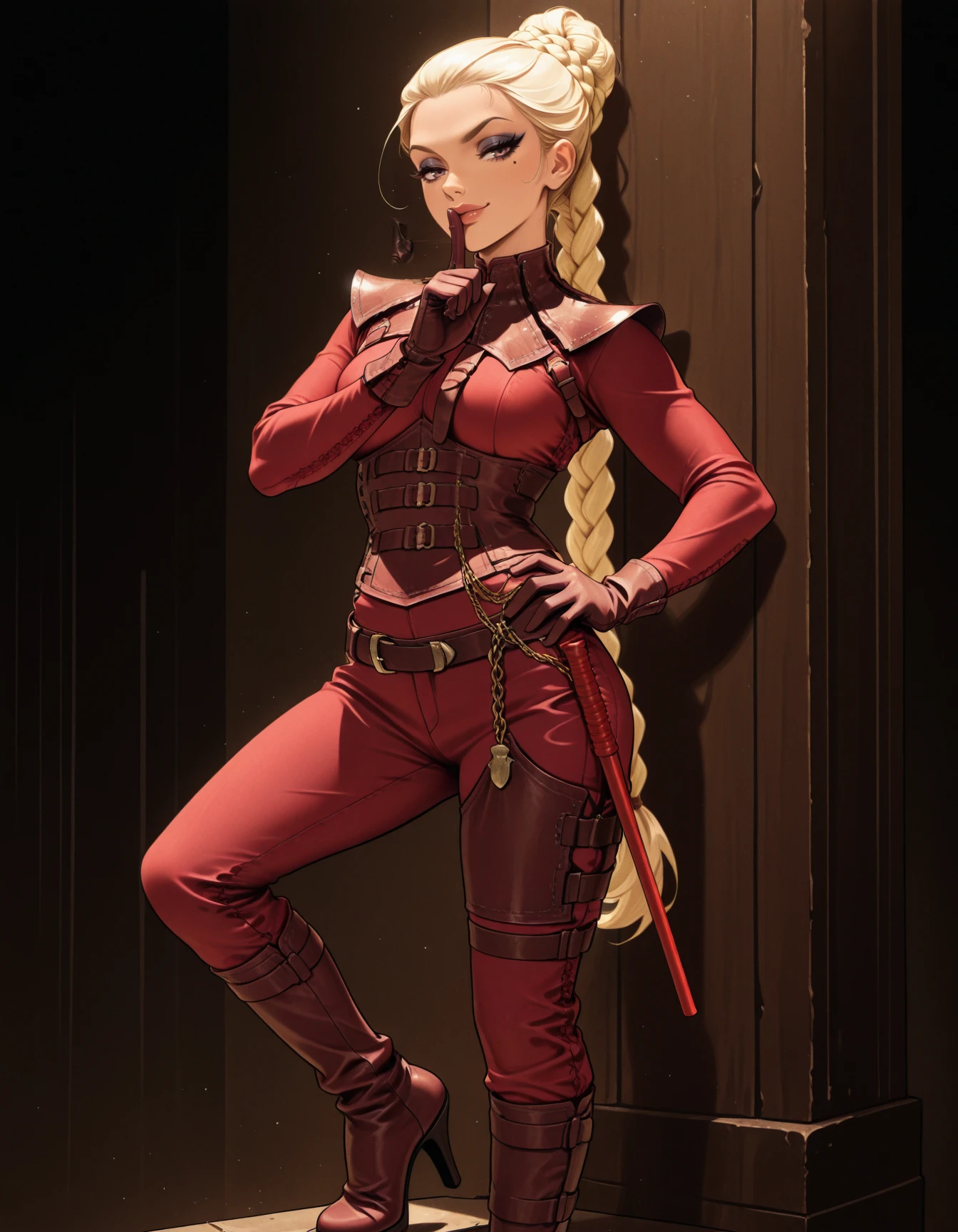 1girl, solo, blonde hair, bun braid, very long thin braid,  straps, pulled back hair, red corset, pants, shushing, buckles, red chest strap, belt,  hands on hips,  stitching, <lora:mordsith-ILXL2025-01-26_19-02-05-save-390-30-0:0.8> looking at viewer,  gloves, shoulder armor, chain, stepping pose, red high heel boots,   <lora:Style_ecstatic-EGirlPFP-ILXL:1> EGirlPFP, dramatic eyeliner, smug, red baton masterpiece, best quality, very aesthetic, newest