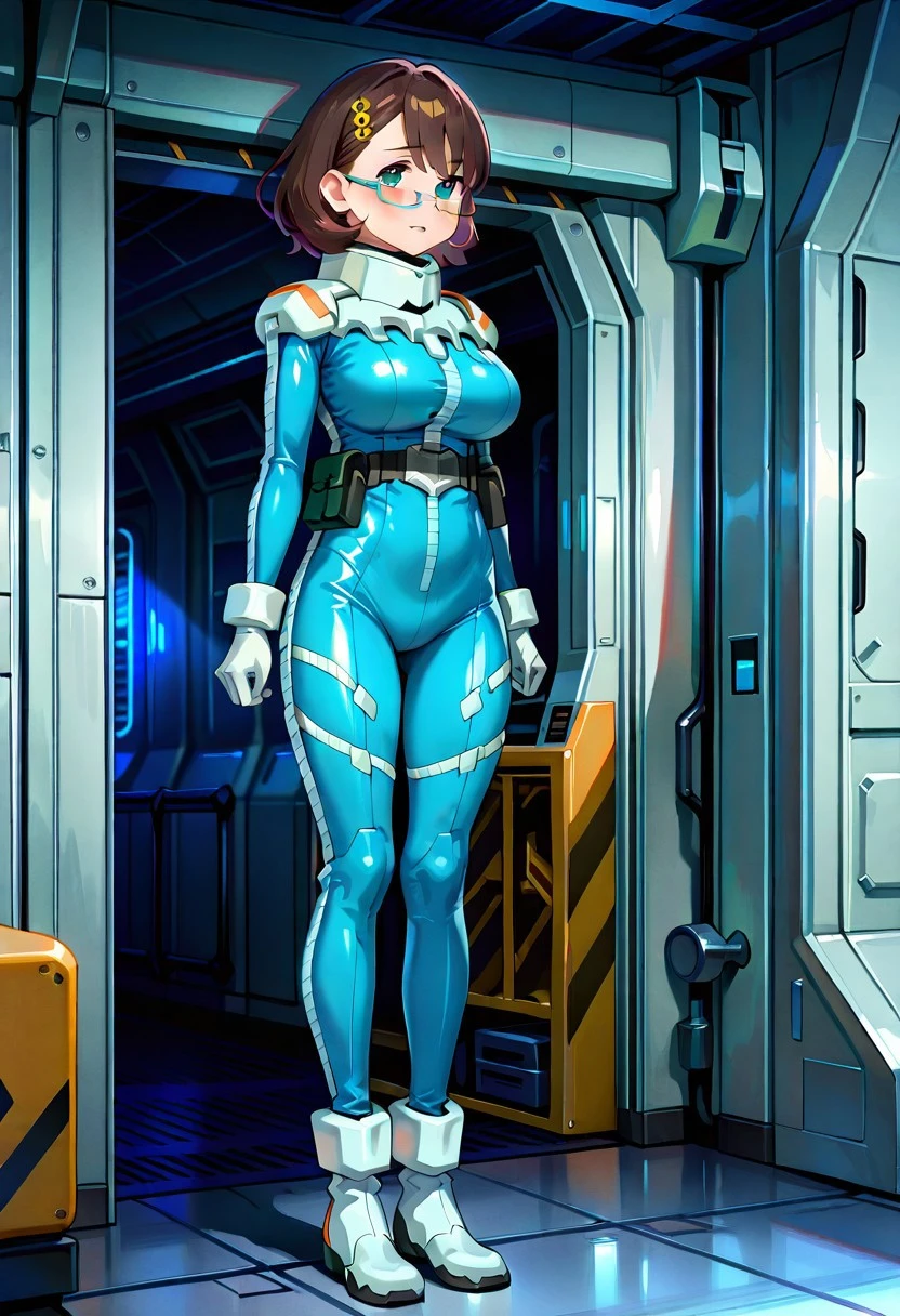 official art,  masterpiece, best quality, absurdres, very aesthetic, 1girl, female focus, solo, Mia_CF, brown hair, medium hair, bob cut, bangs, asymmetrical hair, hair ornament, glasses, semi-rimless eyewear, under-rim eyewear, large breasts, normal suit, pilot suit, blue bodysuit, utility belt, white gloves, ankle boots, white footwear, hangar, spacecraft interior, indoors,