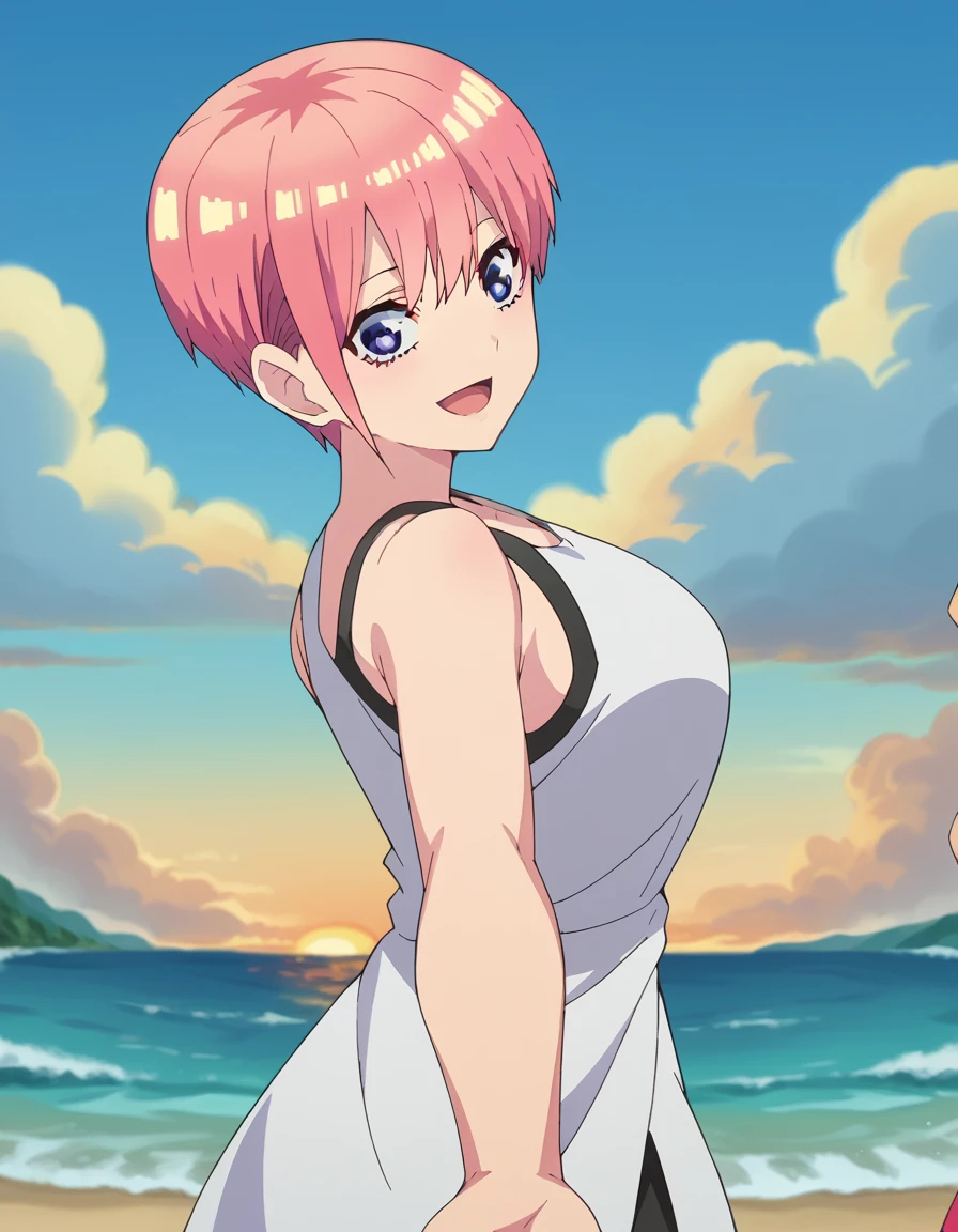 score_9, score_8_up, score_7_up, source_anime, <lora:ichika-nakano-s2-ponyxl-lora-nochekaiser:1>, ichika nakano, short hair, bangs, blue eyes, hair between eyes, pink hair, pixie cut, large breasts, anime screencap, <lora:looking-back-reaching-towards-viewer-ponyxl-lora-nochekaiser:1>, looking back reaching towards viewer, looking at viewer, solo focus, smile, looking back, open mouth, reaching towards viewer,, ocean, beach, outdoors, sky, cowboy shot, sunset, clouds, thighs, solo,