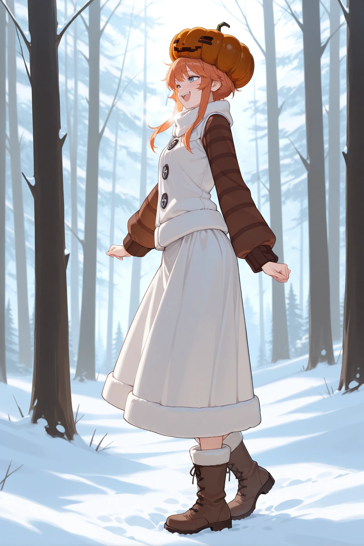 masterpiece, best quality, 1girl, solo <lora:snowgolem-illu-nvwls-v1-000006:1> mtsnoglm, pumpkin hat, orange hair, sidelocks, blue eyes, white coat, white collar, orange sleeves, buttons, white skirt, boots, full body, from side, happy, snow, forest, open mouth, excited, smug