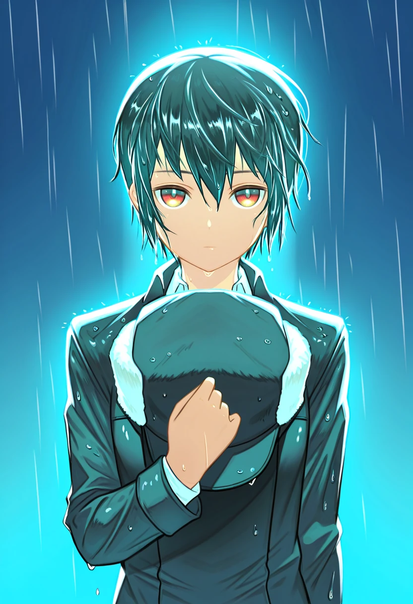 ambient occlusion, raytracing, Masterwork, dramatic lighting, KinoJNT, 1girl, <lora:Dramatic Lighting Slider:1> <lora:Kino_Kino_no_Tabi_Illustrious:1> solo, short hair, androgynous, reverse trap, rain, jacket, upper body, expressionless, wet, long sleeves, wet hair, black hair, hand on own chest, tomboy, looking at viewer, jacket, holding hat, fur hat