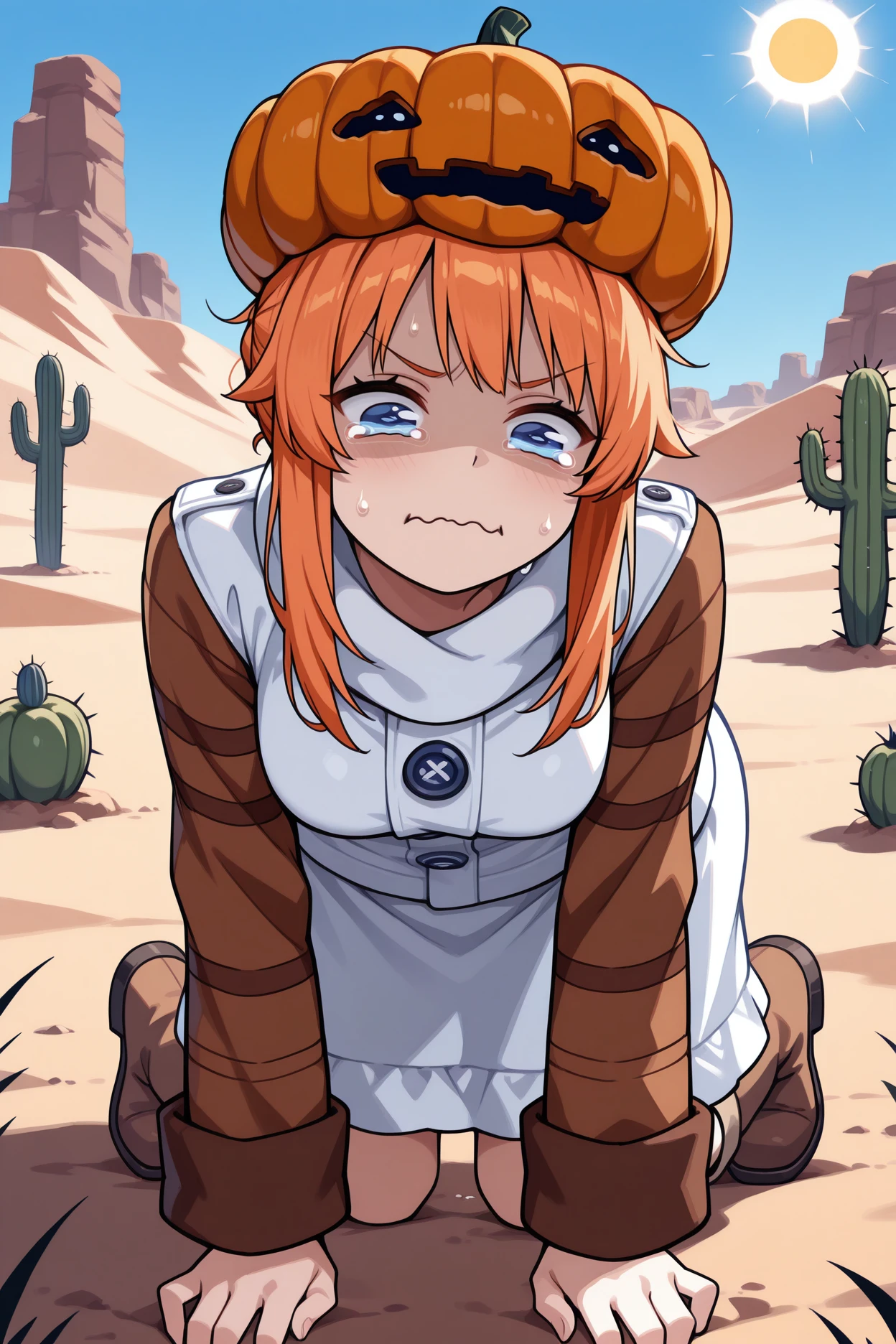 masterpiece, best quality, 1girl, solo, <lora:snowgolem-illu-nvwls-v1-000006:1> mtsnoglm, pumpkin hat, orange hair, sidelocks, blue eyes, white coat, white collar, orange sleeves, buttons, white skirt, boots, all fours, outstretched arm, shaded face, sweat, desert, cactus, sun, blue sky <lora:meme_aquacrying_illustriousXL:1> aquacrying, wavy mouth, closed mouth, tearing up
