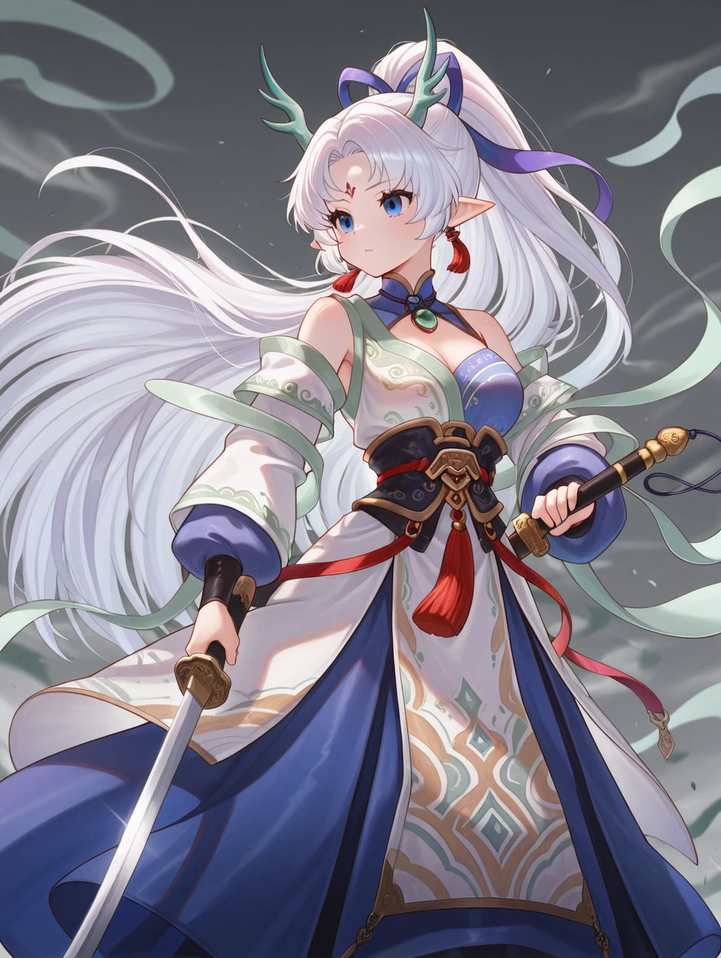 yun, 1girl, solo, long hair, blue eyes, holding, bare shoulders, jewelry, very long hair, ponytail, weapon, white hair, detached sleeves, japanese clothes, horns, pointy ears, sword, grey background, holding weapon, holding sword, katana,
masterpiece, best quality,amazing quality, very aesthetic, absurdres, depth of field, blurry background, extremely detailed face, detailed eyes
