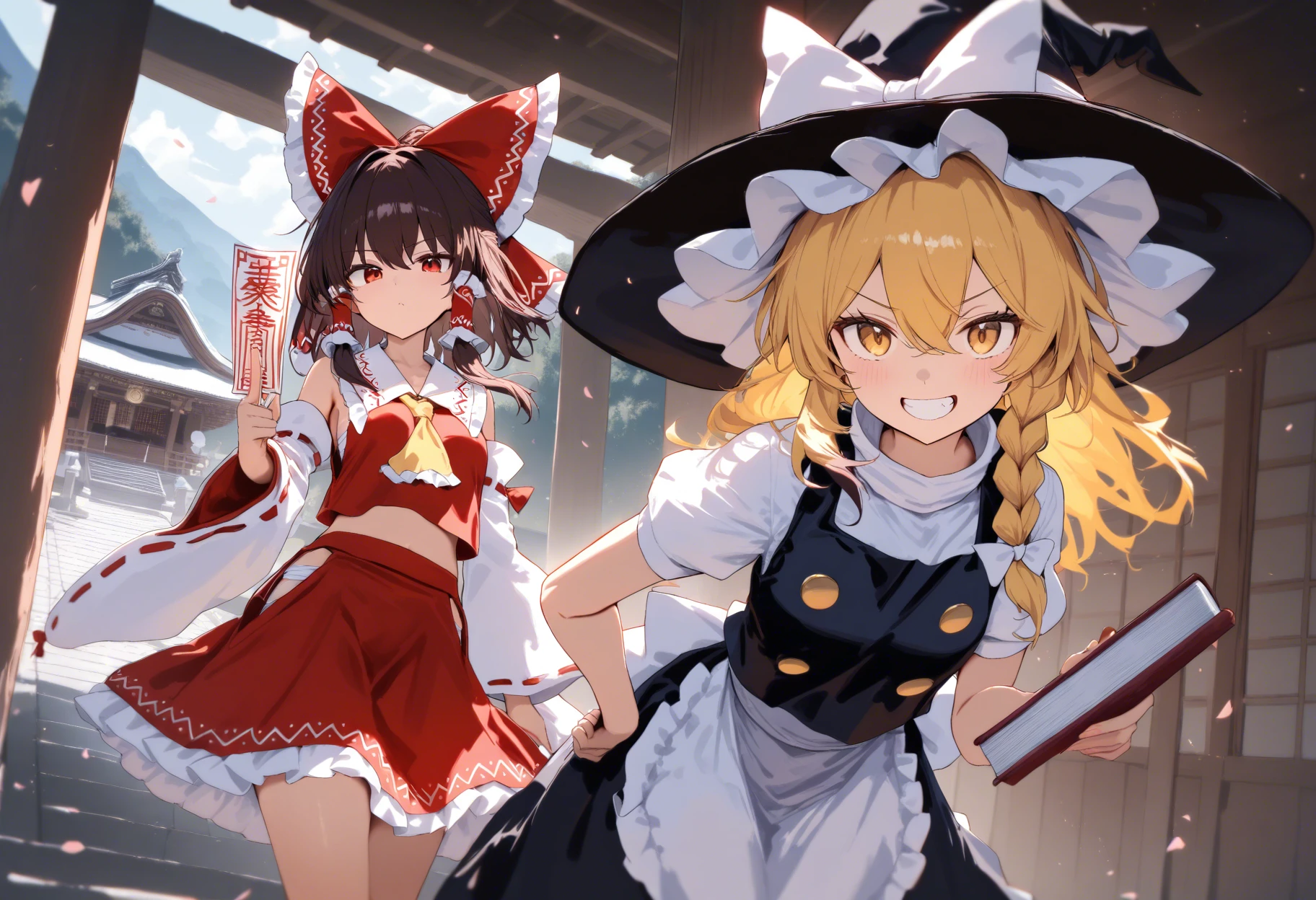 masterpiece, best quality, high score, great score, absurdres, 2girls, hakurei reimu, kirisame marisa, touhou, shrine, witch hat, holding ofuda, holding book, looking at viewer