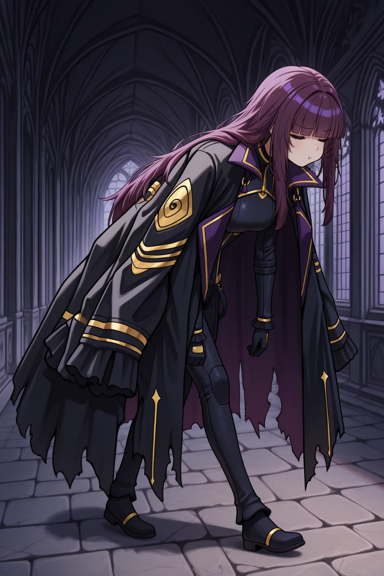 masterpiece, best quality, 1girl, solo, <lora:eta-illu-nvwls-v1-000006:1> sdeta, purple hair, blunt bangs, long hair, purple eyes, black coat on shoulders, torn coat, black bodysuit, gold trim, black gloves, black pants, from side, walking, hunched over, tired, closed eyes, pout, gothic architecture, stone floor, hallway