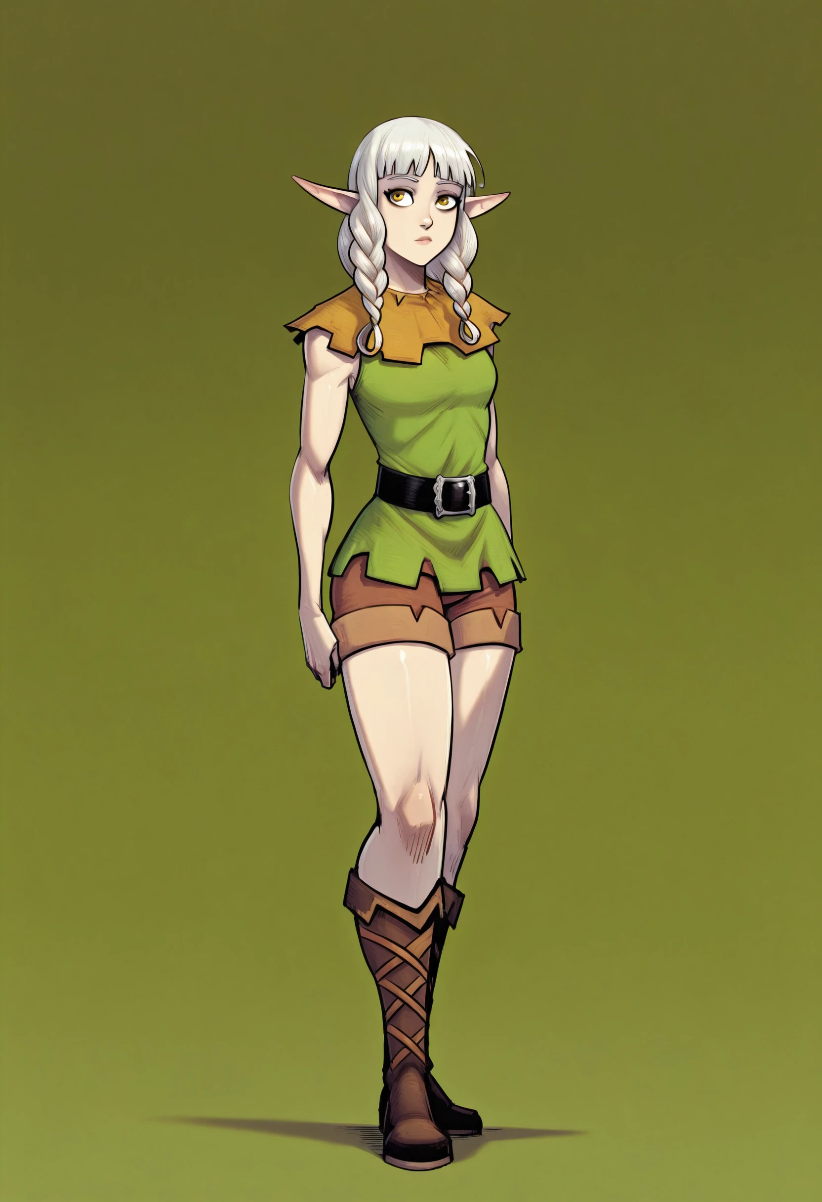 masterpiece,best quality,
devilhsill,
gradient background, green background,looking at viewer,
elfill, 1girl, braid, twin braids, solo, long hair,small breasts, ,white hair,tunic,full body, shorts, boots, standing, shadow,
<lora:elfill2-000004:1> , <lora:devilhsill:1>