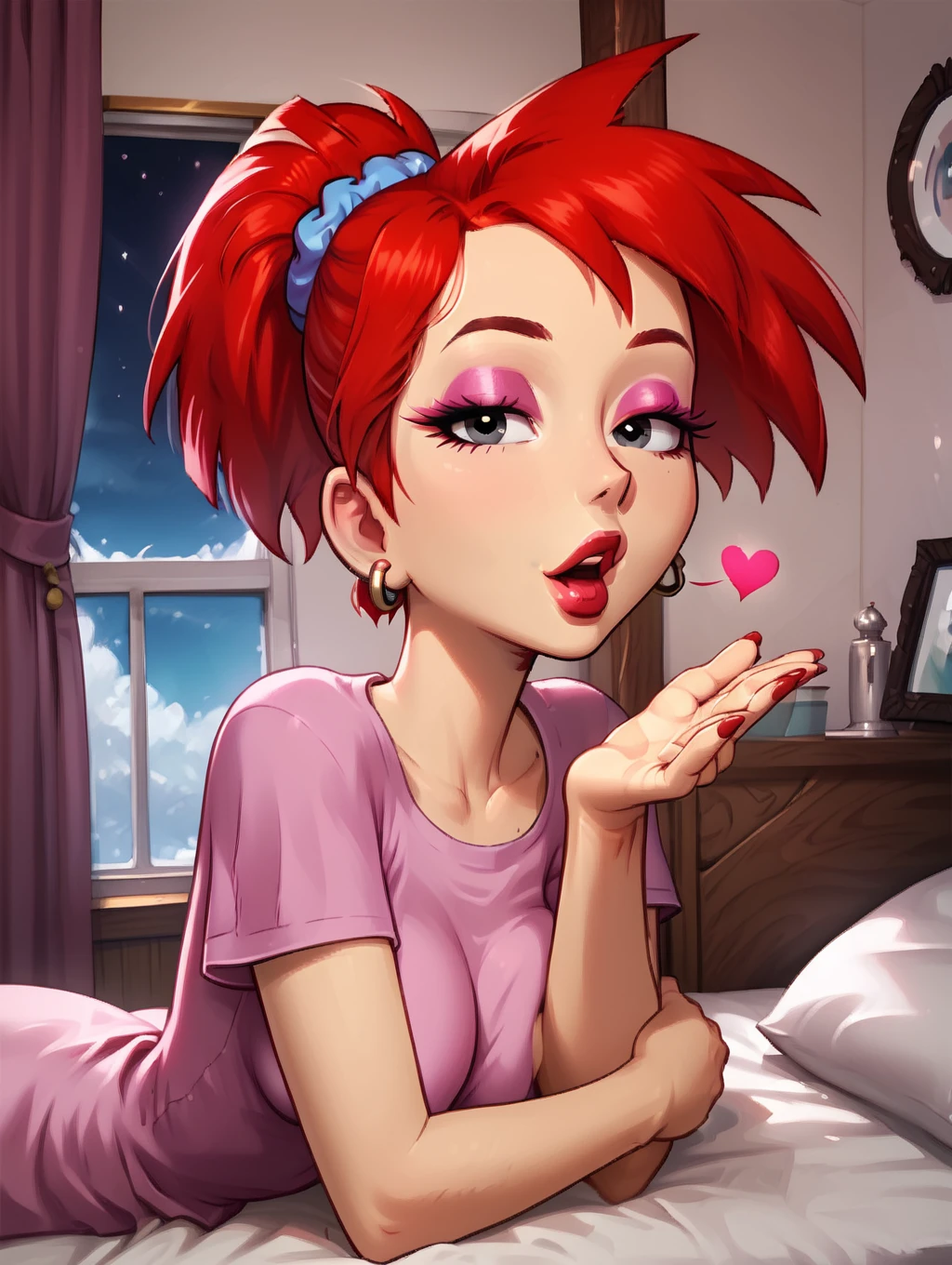 score_7, score_8, score_9, detailed background,ultra high detailed,(toon (style):1.2),high detailed character,inside,bedroom,on bed,facing viewer,seductive,hand extended,red bed,silk bed,wrinkled bed,pillows,lights,looking at viewer,,ultra high detailed,masterpiece, BREAK Solo, 1girl,female,seductive eyes,long eyelashes,half closed eyes, ,pink glitter eyeshadow,makeup,breast press,,short sleeves,red earstuds,square nails,perfect nails,close-up, <lora:rita:0.9> rita, red hair, narrow waist, 1girl, toon (style), flat color, medium breasts, black eyes, long eyelashes, rita hair, short ponytail, (red lips:0.8),pink shirt, blue scrunchie, open mouth,bedroom eyes, <lora:Expressive_H:0.65> <lora:incase-ilff-v3-4:0.5> <lora:princess_xl_v1:1>, <lora:g4n1m3XLP:1> g4n1m3, <lora:frieren_blowing_a_kiss_pony:0.7> blowing kiss,heart,