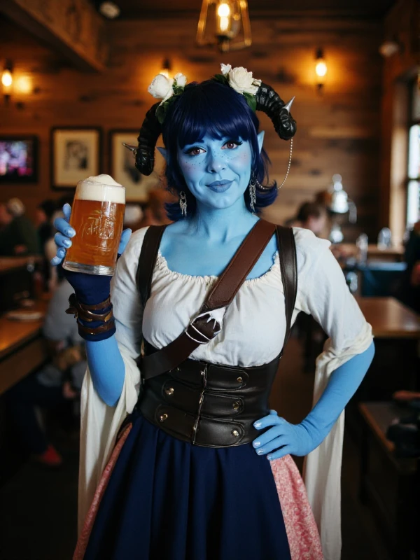 <lora:Jester_Lavorre:0.9> jester lavorre, a woman with a blue colored skin and pointy ears and horns. She holds a beer in a pub