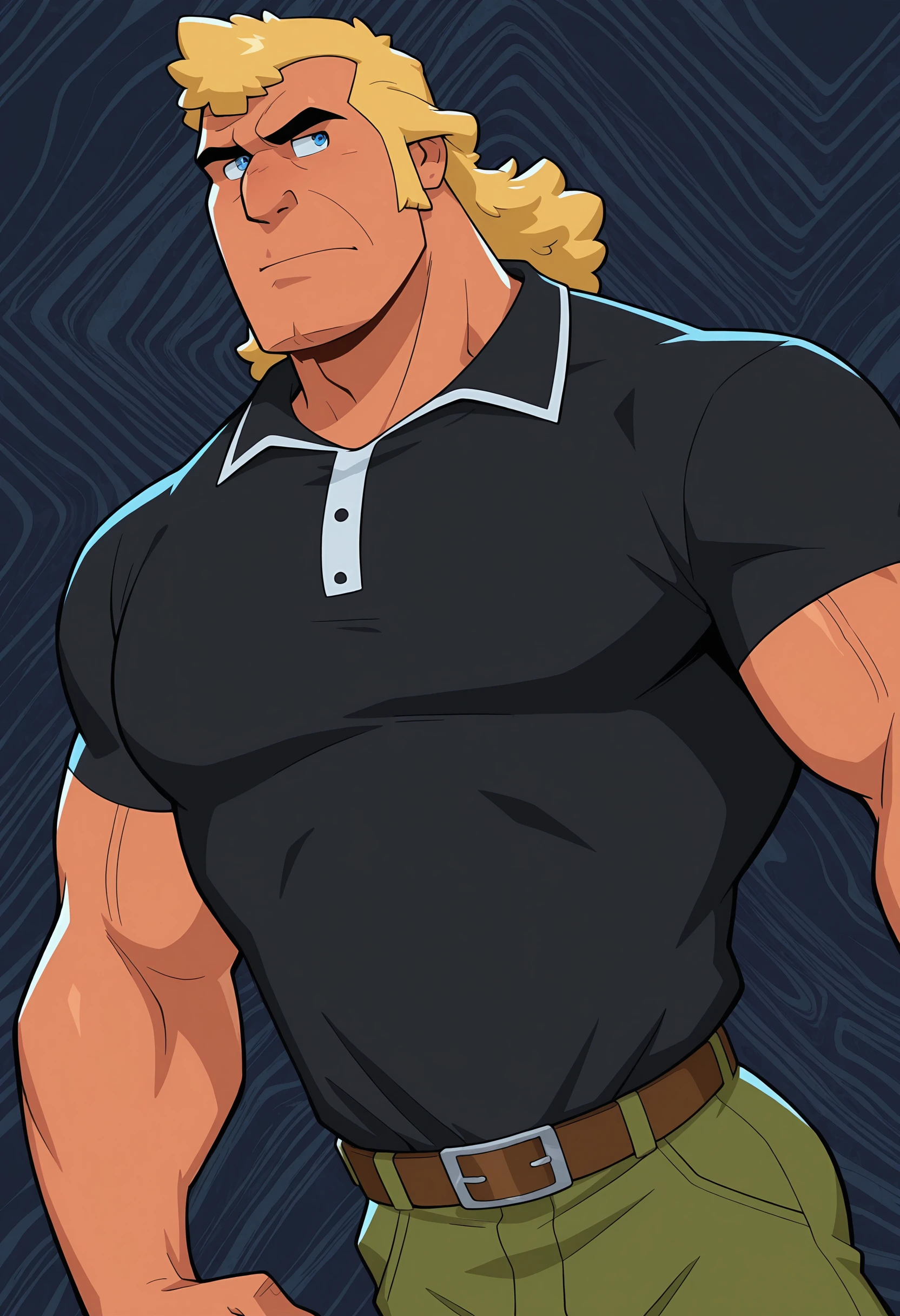 masterpiece, best quality, amazing quality, dynamic angle, dutch angle, abstract background, BREAK
solo, male, vb_brock, bara, muscular male, blonde hair, mullet, blue eyes, black shirt, green pants, upper body focus, BREAK
<lora:Brock_Samson_-_The_Venture_Brothers_-_ILXL:1>
