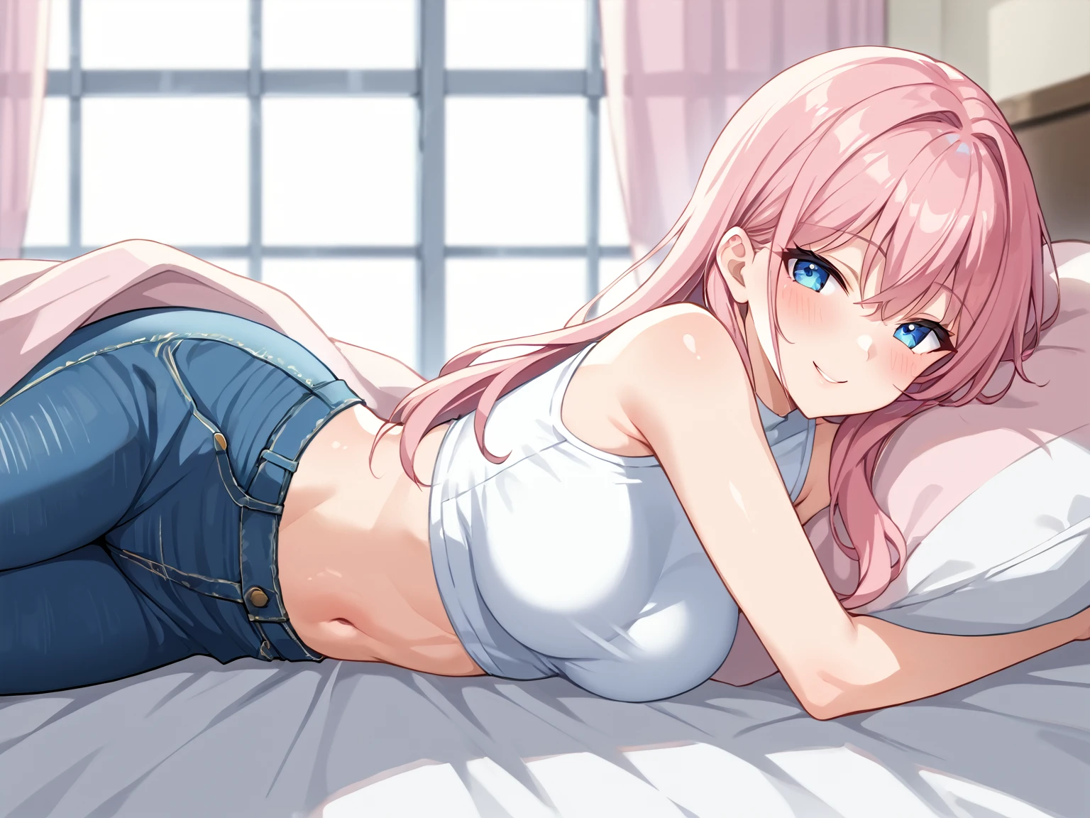 score_9, score_8_up, score_7_up, score_6_up, source_anime, anime screencap, blnkt, sfw, 1girl, white crop top, crop top, jeans, denim jeans, solo, pink blanket, lying, lying on side, blanket on butt, bed, pink hair, long hair, blue eyes, mature, light smile, blush, indoors, (portrait), detailed background, Hyperdetailed, Extreme Detail, 4K Resolution, Masterpiece, Best Quality <lora:Wrapped_In_A_Blanket_-_RealmRabbit:1>