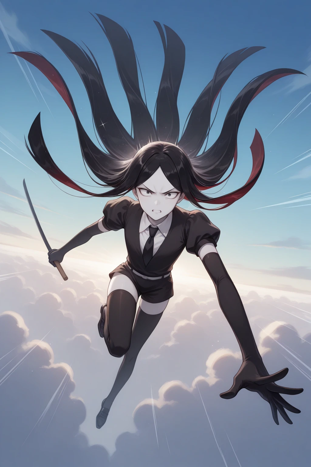 masterpiece, best quality, full body, angry, 1other, hnkbrt, colored skin, white skin, black eyes, crystal hair, black hair, colored inner hair, parted bangs, absurdly long hair, black shirt, puffy short sleeves, wing collar, black necktie, white belt, black shorts, elbow gloves, black gloves, black thighhighs, black footwear, holding sword, midair, falling, incoming attack, motion lines, foreshortening, dynamic pose, above clouds, blue sky, <lora:Hoseki_LandOfTheLustrous_Bort_IllustriousXL_v1:1>