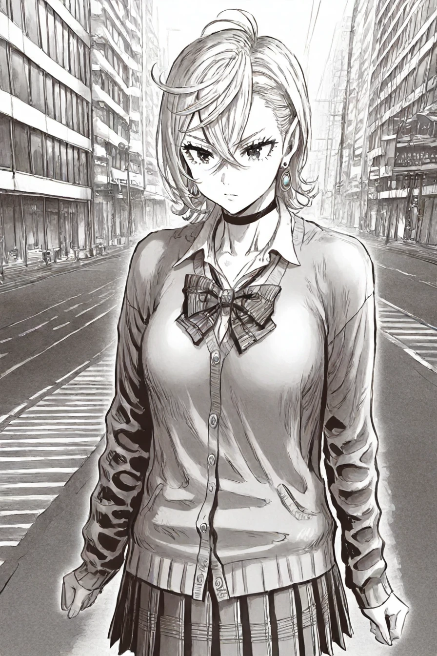 <lora:ayase_momo-koto-Illustrious v01:0.4> ayasemomo, hair between eyes, crossed bangs, green earrings, black choker, short hair, white shirt, bowtie, pleated skirt, school uniform, cardigan, long sleeves, 1girl, solo, alone, <lora:yusuke_murata_scenery_illustriousXL-000021:1>, yusuke_murata_scenery, scenery, monochrome, greyscale, masterpiece, highres