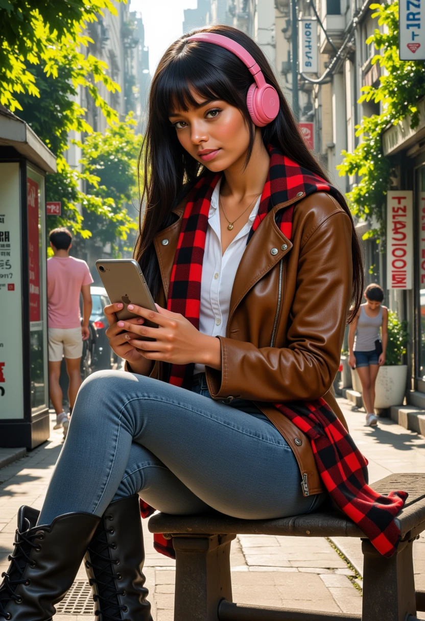 smiling, she is approximately 18 years old,full body view, dynamic angles, multiple angles, photoshoot poses; A photo of T@sha, a young woman with black hair, wearing a white shirt and earrings. wearing a gold necklace, and red and black checkered scarf, a brown leather jacket, blue denim jeans and black boots, she is wearing pink headphones, looking down at the iphone in her hands. She is sitting on a bench, waiting for a bus, a beautiful park is in the background, is painted in a realistic style, she is in a white room, she is posing for the camera with a smile on her face. The painting captures her smiling expression and the details of her outfit. which adds to the focus on the girl's face and her outfit. The overall composition is a beautifully rendered portrait of a young girl. 32k UHD, expressive eyes, punk, graphic design, girl's face, pretty and cute, gleaming lips, telling a tale of adventure. Exuding confidence and serenity. The overall mood of the image is happy and relaxed,detailed skin texture,(blush:0.2),(goosebumps:0.3),subsurface scattering,with a playful and whimsical tone, Detailed hand, perfect hands, Niji style, retro50s_style,