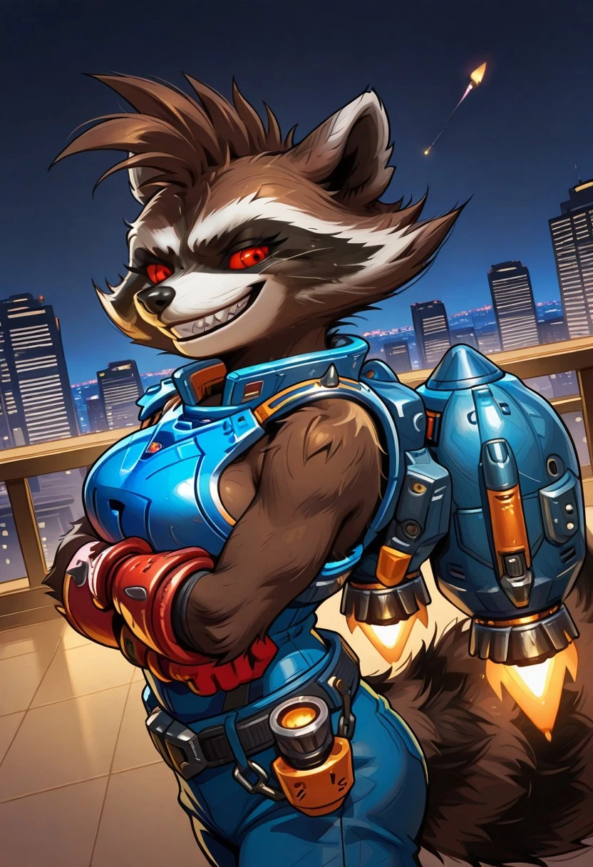 highres, hi res, best quality, masterpiece, intricate details, absurdres, 4k, solo, 1girl, rocket_raccoon, furry, anthro, raccoon, brown body, brown fur, red sclera, red eyes, black nose, fluffy tail, sharp teeth, fangs, clothed, blue armor, blue pants, red gloves, gloves, jetpack, female, large breasts, short, city background, night, on top of the building, crossed hands, grin, close up, upper body, half body portrait, three quarter view, dutch angle, portrait, side view, looking at viewer,