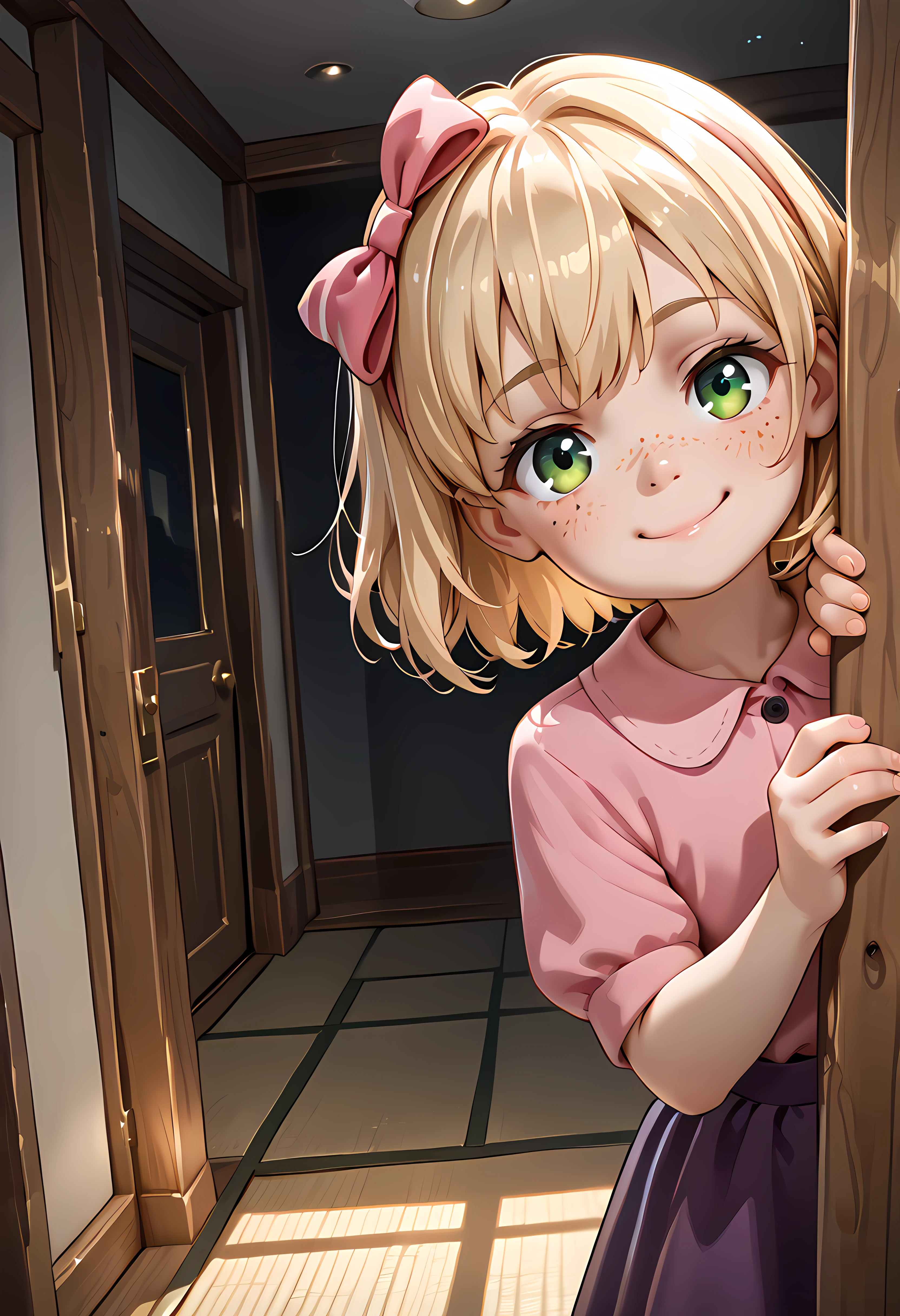 ,masterpiece,best quality,amazing quality,,<lora:Elizabeth Afton_Illustrious:0.9>1 girl ,pink shirt,purple skirt,, 1girl, blonde hair, bow, hair bow,cinematic lighting, dark, high resolution, 2k resolution:1.0, detailed background, 1girl, very girl, ,, (size differense:1.2), 1girl, solo, ribbon, blonde hair, freckles, , short hair, looking at viewer,,, ,cinematic lighting, dark, high resolution, 2k resolution:1.0, detailed background, 1girl, very small, , casual clothes, (size differense:1.2), big smile,happy,, tall male, ,, indoors, smile,
solo, dutch angle, looking at viewer, cowboy shot,,green eyes,<lora:PeekingOut_pdxl_Incrs_v1:1> hiding behind tree ,peeking out,upper body