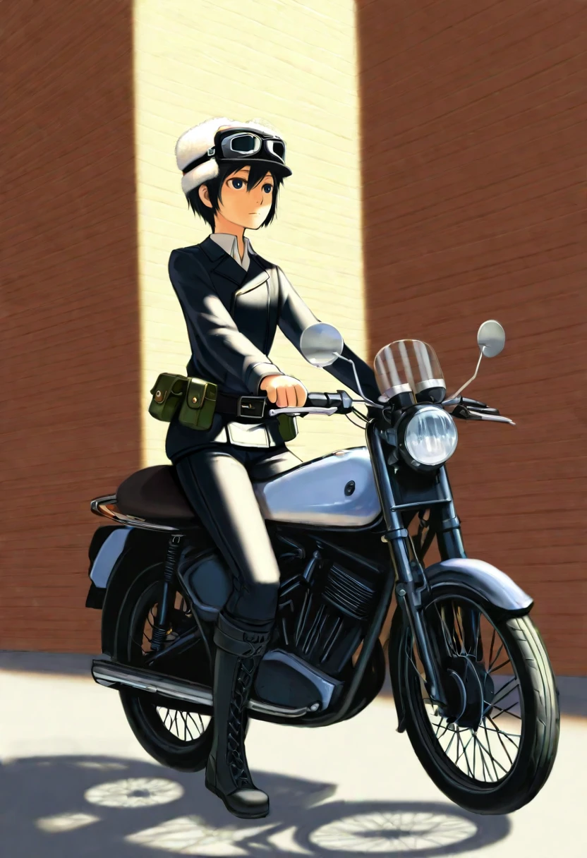 ambient occlusion, raytracing, Masterwork, dramatic lighting, KinoJNT, 1girl, <lora:Dramatic Lighting Slider:1> <lora:Kino_Kino_no_Tabi_Illustrious:1> solo, short hair, androgynous, riding motorcycle, jacket, shirt, fur hat, knee boots, pants, belt, belt pouch, goggles on head