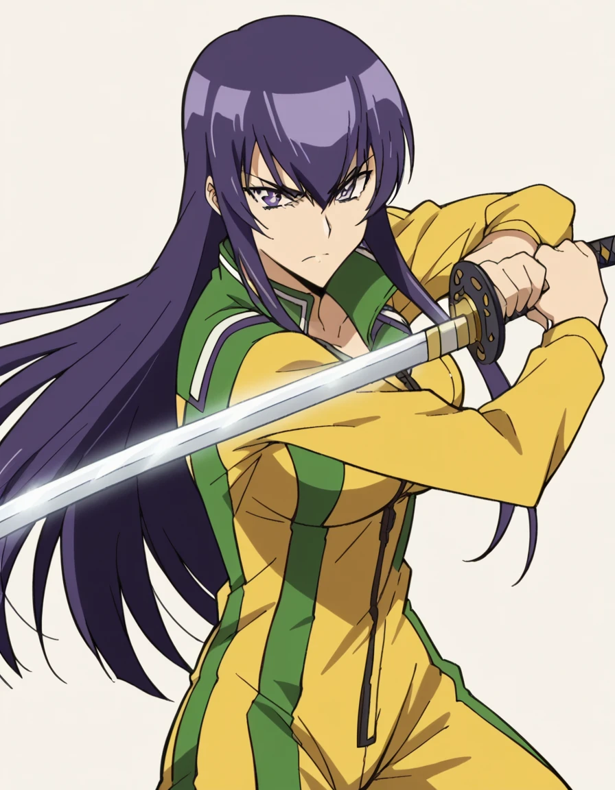 score_9, score_8_up, score_7_up, source_anime, <lora:saeko-busujima-ponyxl-lora-nochekaiser:1>, saeko busujima, long hair, purple hair, purple eyes, hair between eyes, large breasts, anime screencap, <lora:sword-guard-stance-ponyxl-lora-nochekaiser:1>, sword guard stance, sword, weapon, solo, katana, holding, holding weapon, holding sword, looking at viewer,, jumpsuit, yellow jumpsuit, high collar, cowboy shot, pants,,