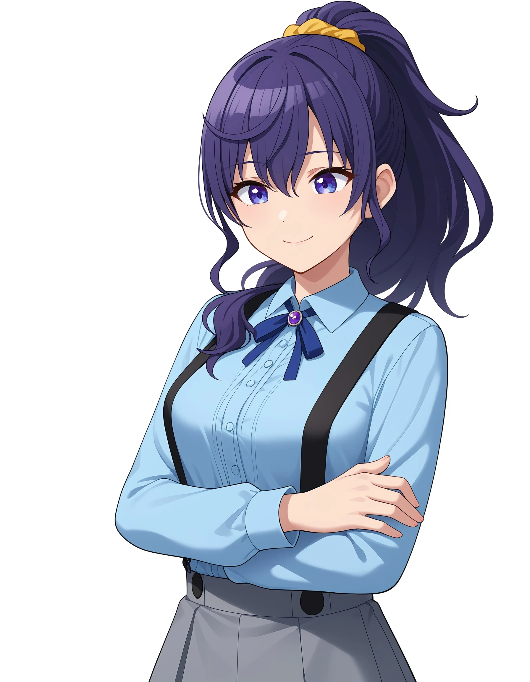 (masterpiece), best quality, expressive eyes, perfect face, white background, suspenders, hair scrunchie, scrunchie, long sleeves, simple background, skirt, shirt, hair ornament, suspender skirt, yellow scrunchie, smile, closed mouth, upper body, high ponytail, hand on own arm, ponytail, holding own arm, grey skirt, shiny hair, hair between eyes, breasts, mafuyu, blue eyes, purple eyes, <lora:9258ed08-a5b4-4334-aafd-574b14e8fd7a:0.7>