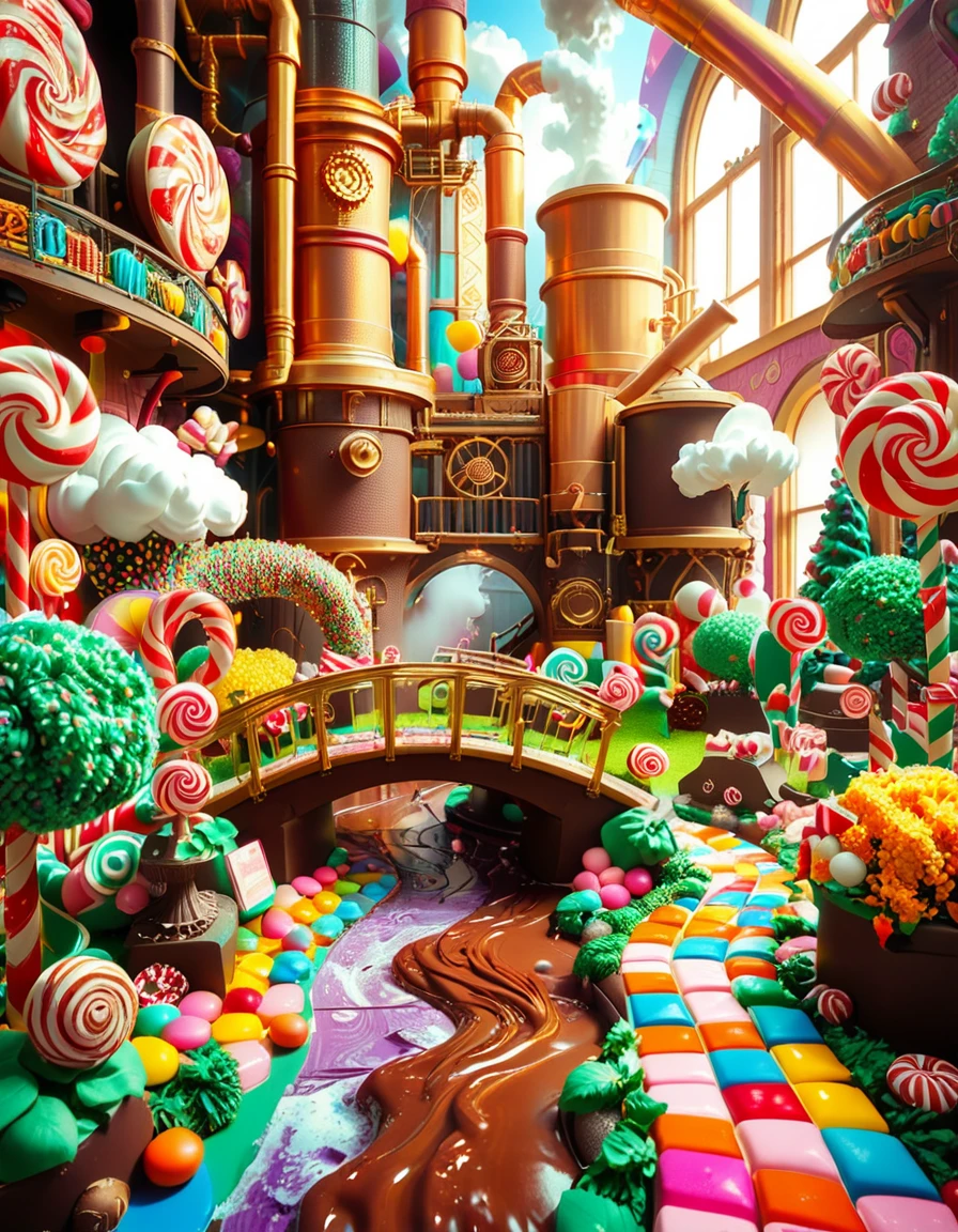 A whimsical and magical photo of Willy Wonkaâs Chocolate Factory. The scene captures the exterior of the factory, featuring a towering, fantastical building with colorful, crooked chimneys puffing out clouds of candy-scented steam. The walls are made of vibrant bricks in shades of purple, gold, and red, with intricate candy-inspired patterns carved into the structure. A large, ornate gate made of swirling lollipop shapes stands at the front, with the name "Willy Wonka" emblazoned in gold letters. Surrounding the factory is a lush, surreal landscape filled with oversized candy canes, gumdrop bushes, chocolate rivers, and trees made of cotton candy. The sky is bright and cheerful, with fluffy clouds that resemble whipped cream. The entire setting feels magical, playful, and inviting, full of bright, saturated colors and incredible, dreamlike details that spark the imagination.
<lora:SDXLFaeTastic2400:0.4> <lora:extremely_detailed:0.4> extremely detailed, <lora:Willy_W0nk4_chocolate_f4ct0ry:1>,Willy W0nk4 chocolate f4ct0ry, Masterpiece,best quality,hi res,8k,hi res,8k,award winning,(sharp focus, intricate, highly detailed),