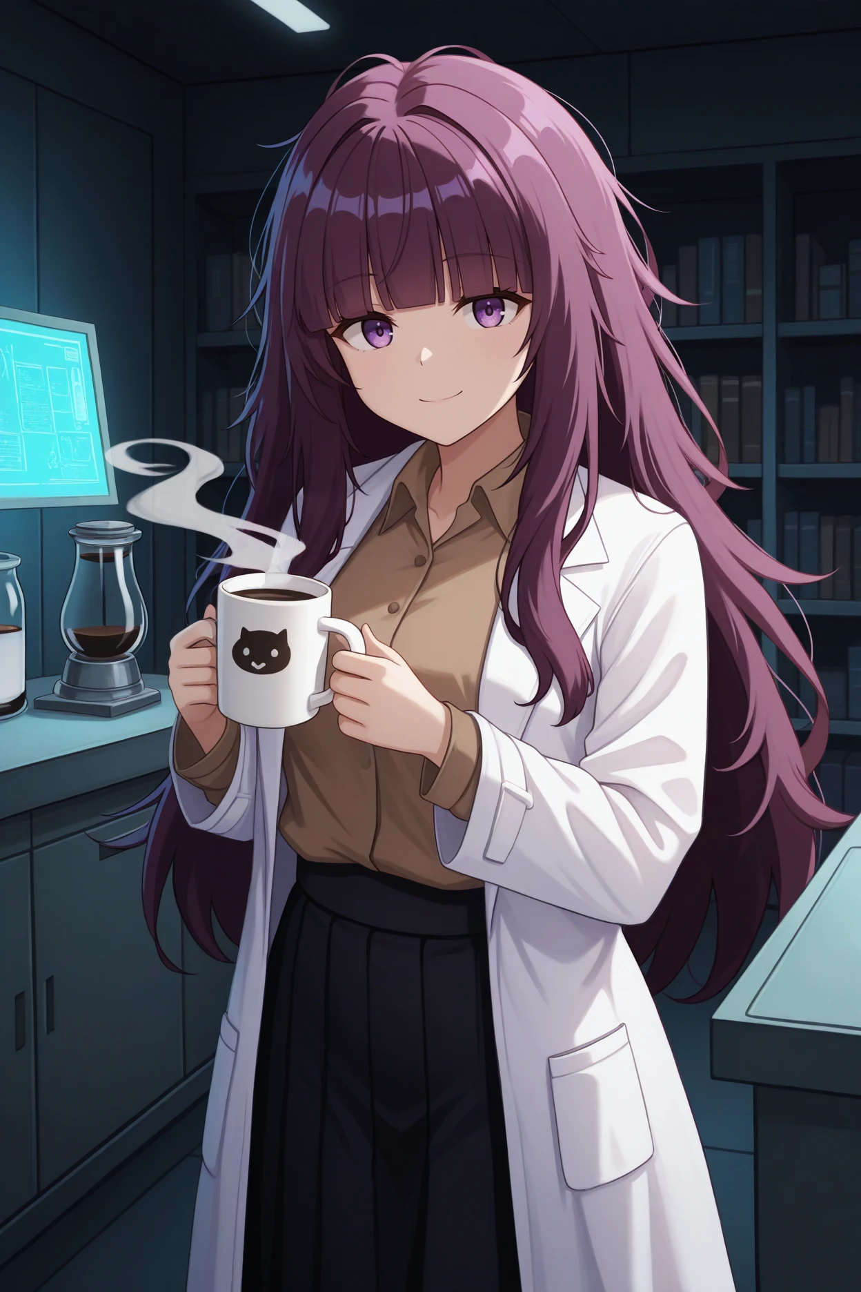 masterpiece, best quality, 1girl, solo, <lora:eta-illu-nvwls-v1-000006:1> sdeta, purple hair, blunt bangs, long hair, purple eyes, white labcoat, brown shirt, collared shirt, black skirt, long skirt, messy hair, holding mug of coffee, indoors, laboratory, bookshelf, dark room, looking at viewer, smile
