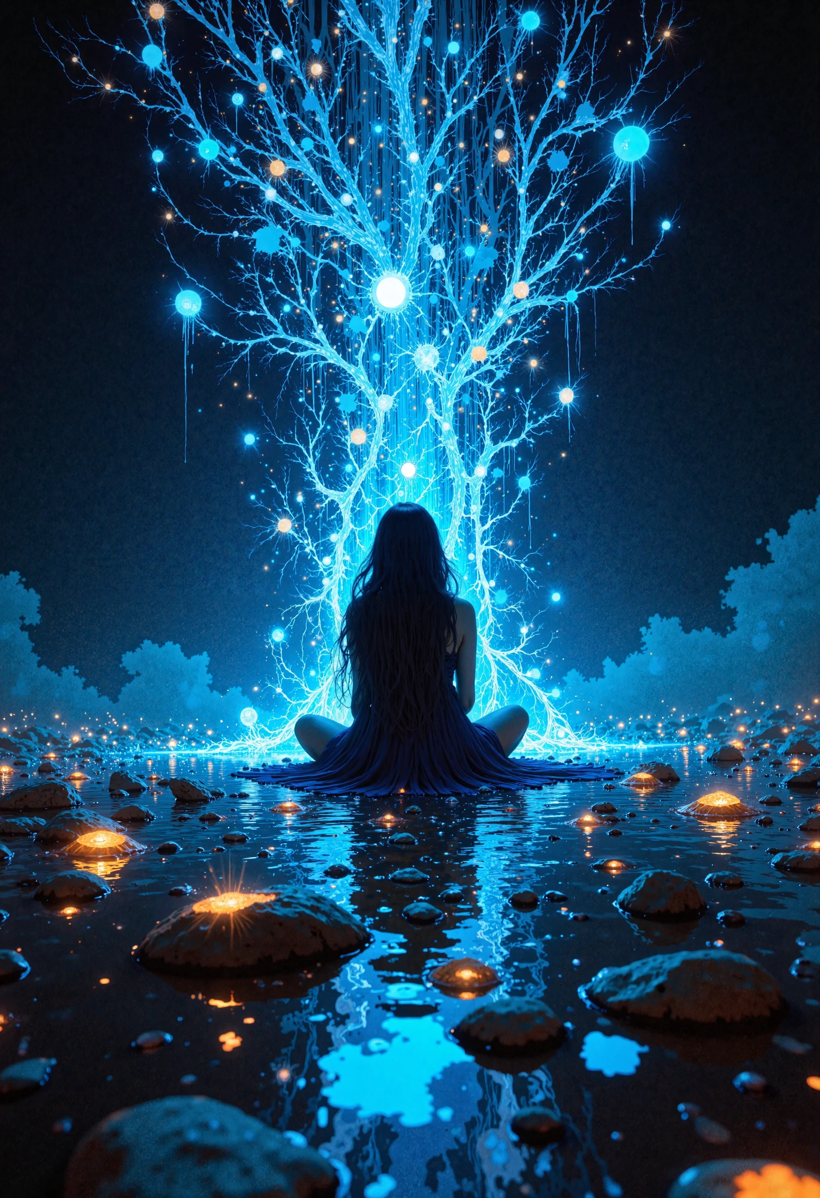 masterpiece, high-quality, A mystical woman sits cross-legged in a field of bioluminescent flowers, her long hair cascading into the earth and transforming into sprawling roots that twist and wind to form glowing forests and rivers. The camera frames her in a low, wide-angle view, capturing the surreal transformation of her hair into intricate landscapes that stretch into the hazy, dreamlike horizon. Tiny glowing insects flutter around her, their faint trails adding motion to the tranquil, hyperdetailed setting. Her serene gaze and the organic flow of the scene evoke a sense of vastness and interconnected beauty, <lora:FLUX\FantasticalRealismV2:1.0>