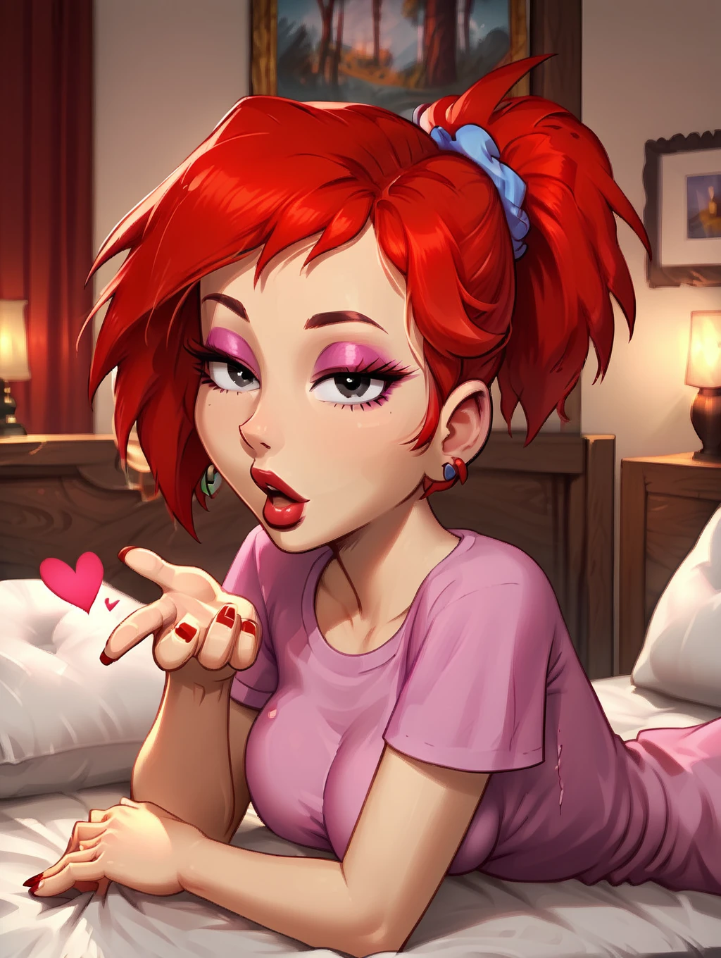 score_7, score_8, score_9, detailed background,ultra high detailed,(toon (style):1.2),high detailed character,inside,bedroom,on bed,facing viewer,seductive,hand extended,red bed,silk bed,wrinkled bed,pillows,lights,looking at viewer,,ultra high detailed,masterpiece, BREAK Solo, 1girl,female,seductive eyes,long eyelashes,half closed eyes, ,pink glitter eyeshadow,makeup,breast press,,short sleeves,red earstuds,square nails,perfect nails,close-up, <lora:rita:1> rita, red hair, narrow waist, 1girl, toon (style), flat color, medium breasts, black eyes, long eyelashes, rita hair, short ponytail, (red lips:0.8),pink shirt, blue scrunchie, open mouth,bedroom eyes, <lora:Expressive_H:0.65> <lora:incase-ilff-v3-4:0.5> <lora:princess_xl_v1:1>, <lora:g4n1m3XLP:1> g4n1m3, <lora:frieren_blowing_a_kiss_pony:0.7> blowing kiss,heart,arm up,