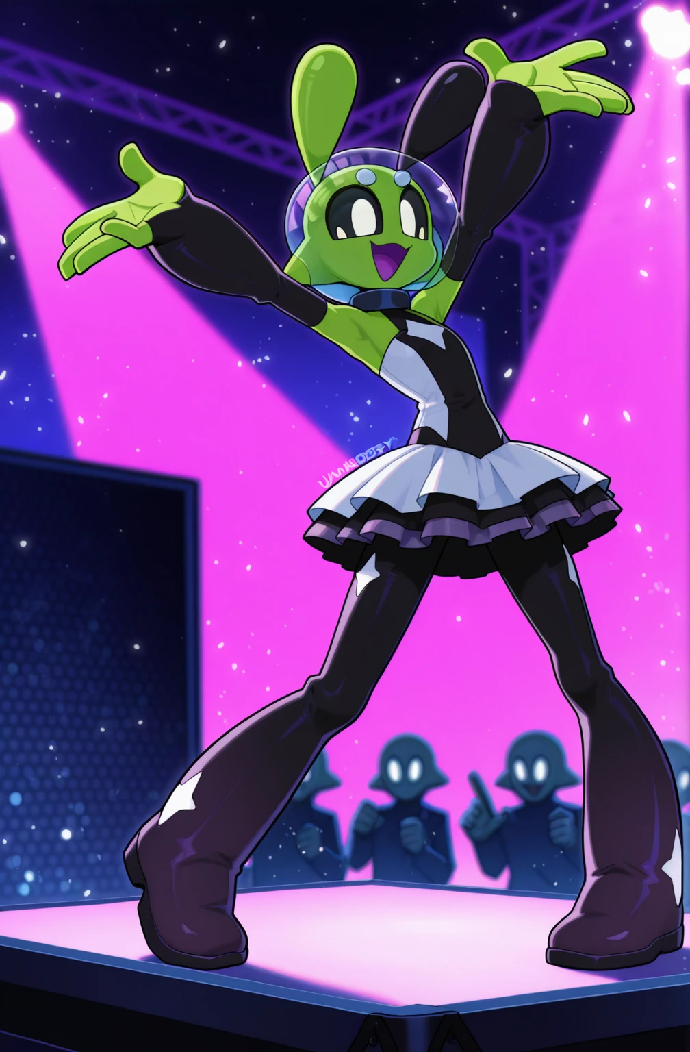 Score_9, score_8_up, 4k, masterpiece, best quality, score_7_up sploot,1girl,colored_sclera,white eyes,alien,antennae, idol, dress, Stage, neon_lights, happy, dynamic_pose,blurred_background, arm up, light_particles, teleprompter , jumbotron