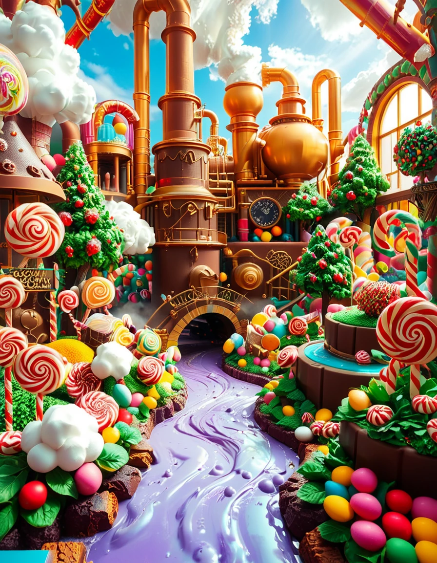 A whimsical and magical photo of Willy Wonkaâs Chocolate Factory. The scene captures the exterior of the factory, featuring a towering, fantastical building with colorful, crooked chimneys puffing out clouds of candy-scented steam. The walls are made of vibrant bricks in shades of purple, gold, and red, with intricate candy-inspired patterns carved into the structure. A large, ornate gate made of swirling lollipop shapes stands at the front, with the name "Willy Wonka" emblazoned in gold letters. Surrounding the factory is a lush, surreal landscape filled with oversized candy canes, gumdrop bushes, chocolate rivers, and trees made of cotton candy. The sky is bright and cheerful, with fluffy clouds that resemble whipped cream. The entire setting feels magical, playful, and inviting, full of bright, saturated colors and incredible, dreamlike details that spark the imagination.
<lora:SDXLFaeTastic2400:0.4> <lora:extremely_detailed:0.4> extremely detailed, <lora:Willy_W0nk4_chocolate_f4ct0ry:1>,Willy W0nk4 chocolate f4ct0ry, Masterpiece,best quality,hi res,8k,hi res,8k,award winning,(sharp focus, intricate, highly detailed),
