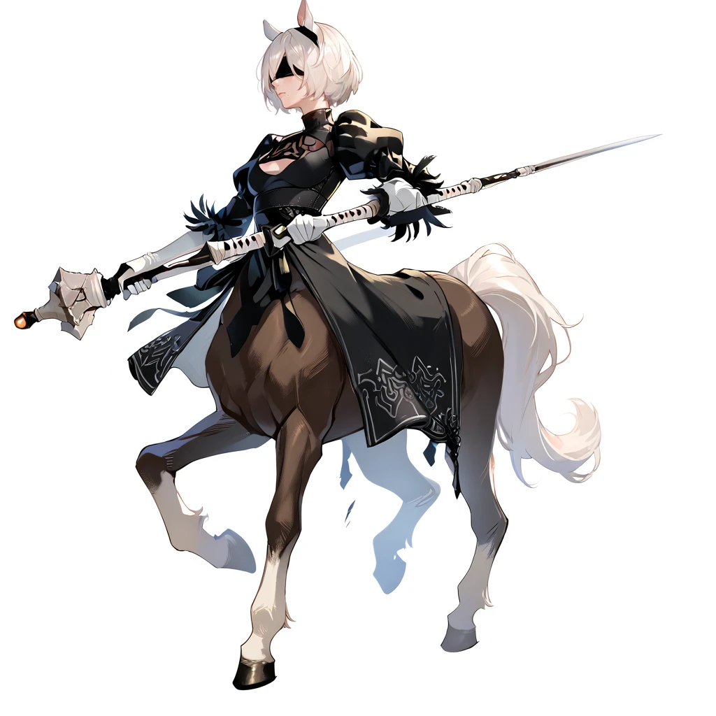 <lora:MGE_Bicorn-PONY:0.8> mgecentaur, animal ears, solo, centaur, monster girl, full body, white background, <lora:Nier_YorhaN2-PONY:0.7> nier2Bdef, white hair, short hair, black dress, juliet sleeves, gloves, letoard, holding weapon, polearm, black blindfold, score_9, score_8_up, score_7_up, score_6_up,