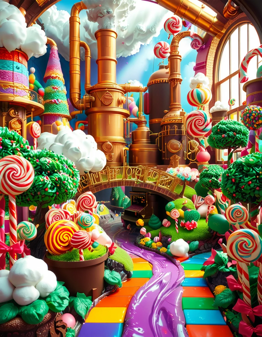 A whimsical and magical photo of Willy Wonkaâs Chocolate Factory. The scene captures the exterior of the factory, featuring a towering, fantastical building with colorful, crooked chimneys puffing out clouds of candy-scented steam. The walls are made of vibrant bricks in shades of purple, gold, and red, with intricate candy-inspired patterns carved into the structure. A large, ornate gate made of swirling lollipop shapes stands at the front, with the name "Willy Wonka" emblazoned in gold letters. Surrounding the factory is a lush, surreal landscape filled with oversized candy canes, gumdrop bushes, chocolate rivers, and trees made of cotton candy. The sky is bright and cheerful, with fluffy clouds that resemble whipped cream. The entire setting feels magical, playful, and inviting, full of bright, saturated colors and incredible, dreamlike details that spark the imagination.
<lora:SDXLFaeTastic2400:0.4> <lora:extremely_detailed:0.4> extremely detailed, <lora:Willy_W0nk4_chocolate_f4ct0ry:1>,Willy W0nk4 chocolate f4ct0ry, Masterpiece,best quality,hi res,8k,hi res,8k,award winning,(sharp focus, intricate, highly detailed),