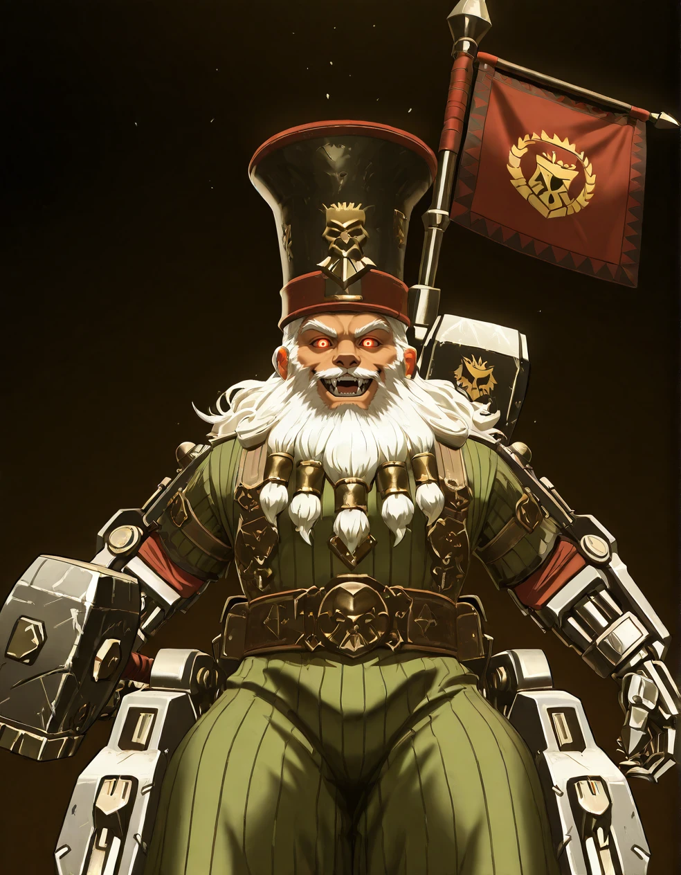 (2D,masterpiece,best quality,amazing quality,very aesthetic,high resolution,looking at viewer,ultra-detailed,,solo,source_anime,cute,curvy,lovely,Simple black background), Astragoth Ironhand,top hat,flag,(holding Hammer:1.2),Iron hand,clothes,ride mecha,white hair,Shortstack,glowing red eyes, open smile,fangs,blush,beard,<lora:Astragoth_Ironhand:1>